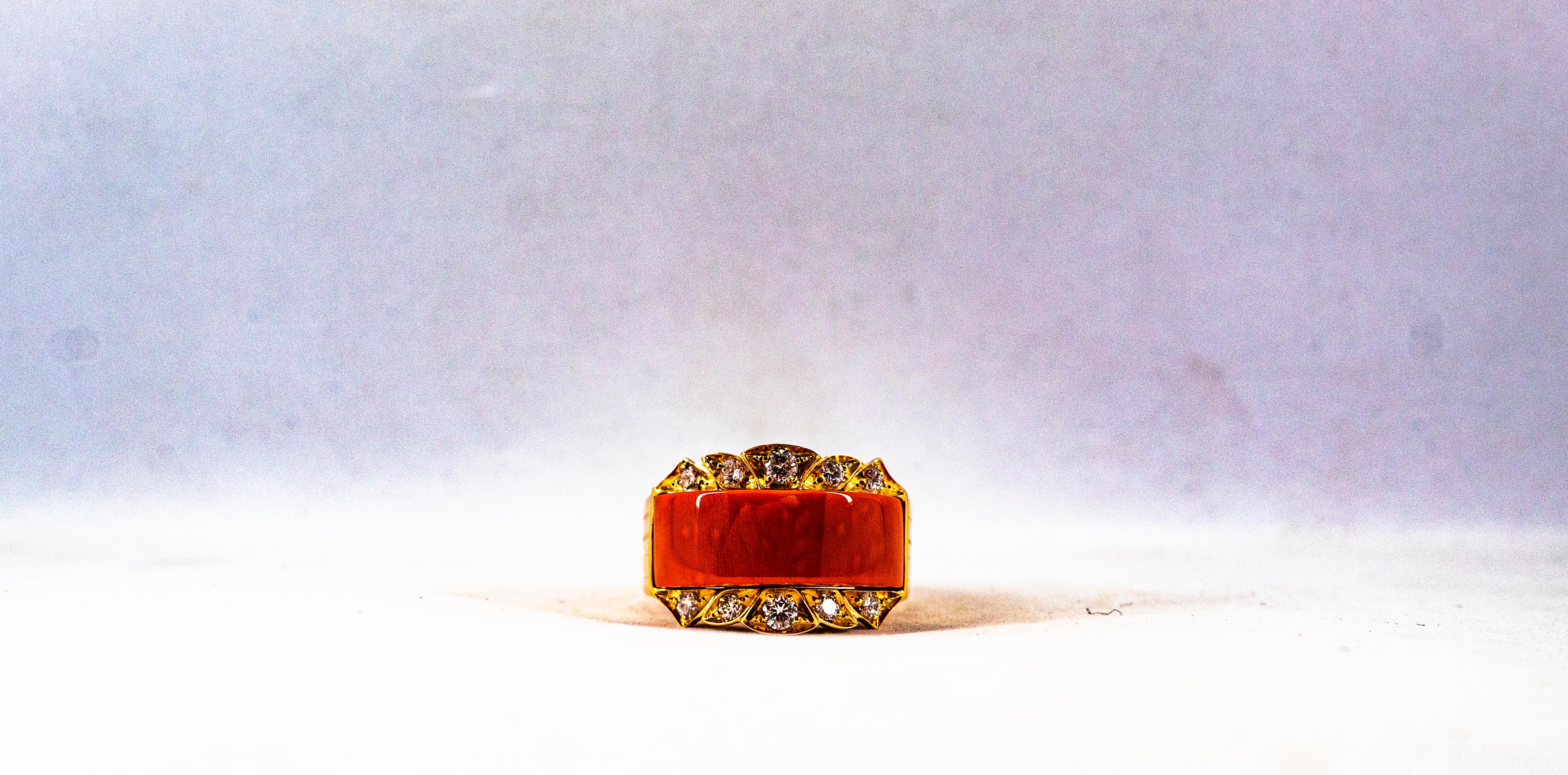 Art Deco Style White Diamond Mediterranean Red Coral Yellow Gold Cocktail Ring For Sale 5