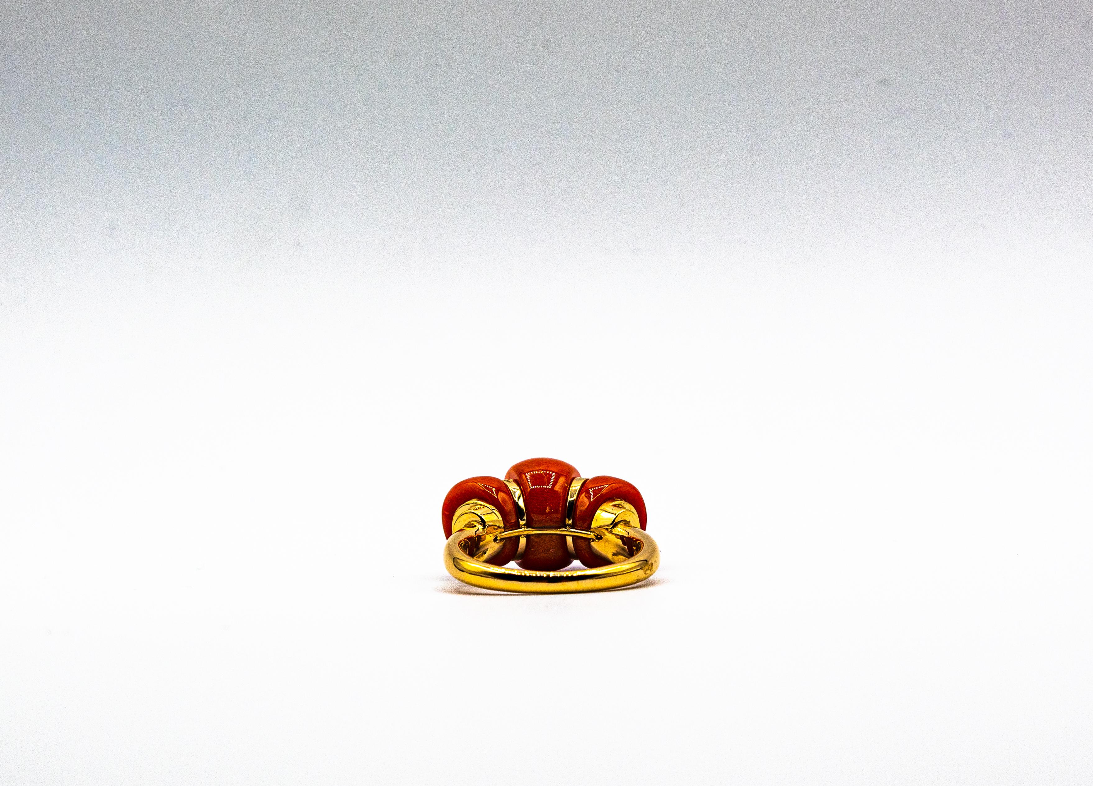Art Deco Style White Diamond Mediterranean Red Coral Yellow Gold Cocktail Ring For Sale 7