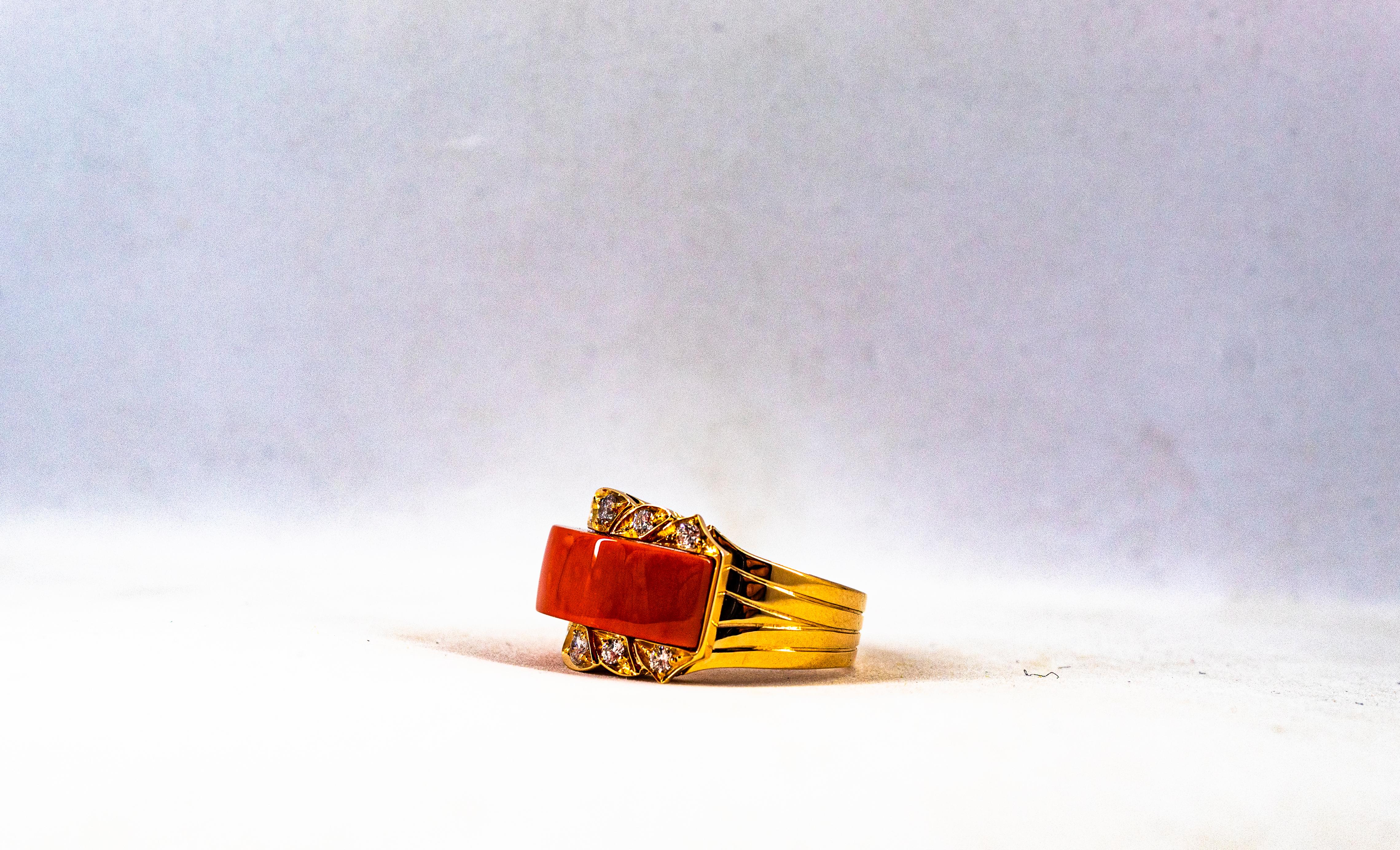 Art Deco Style White Diamond Mediterranean Red Coral Yellow Gold Cocktail Ring 8