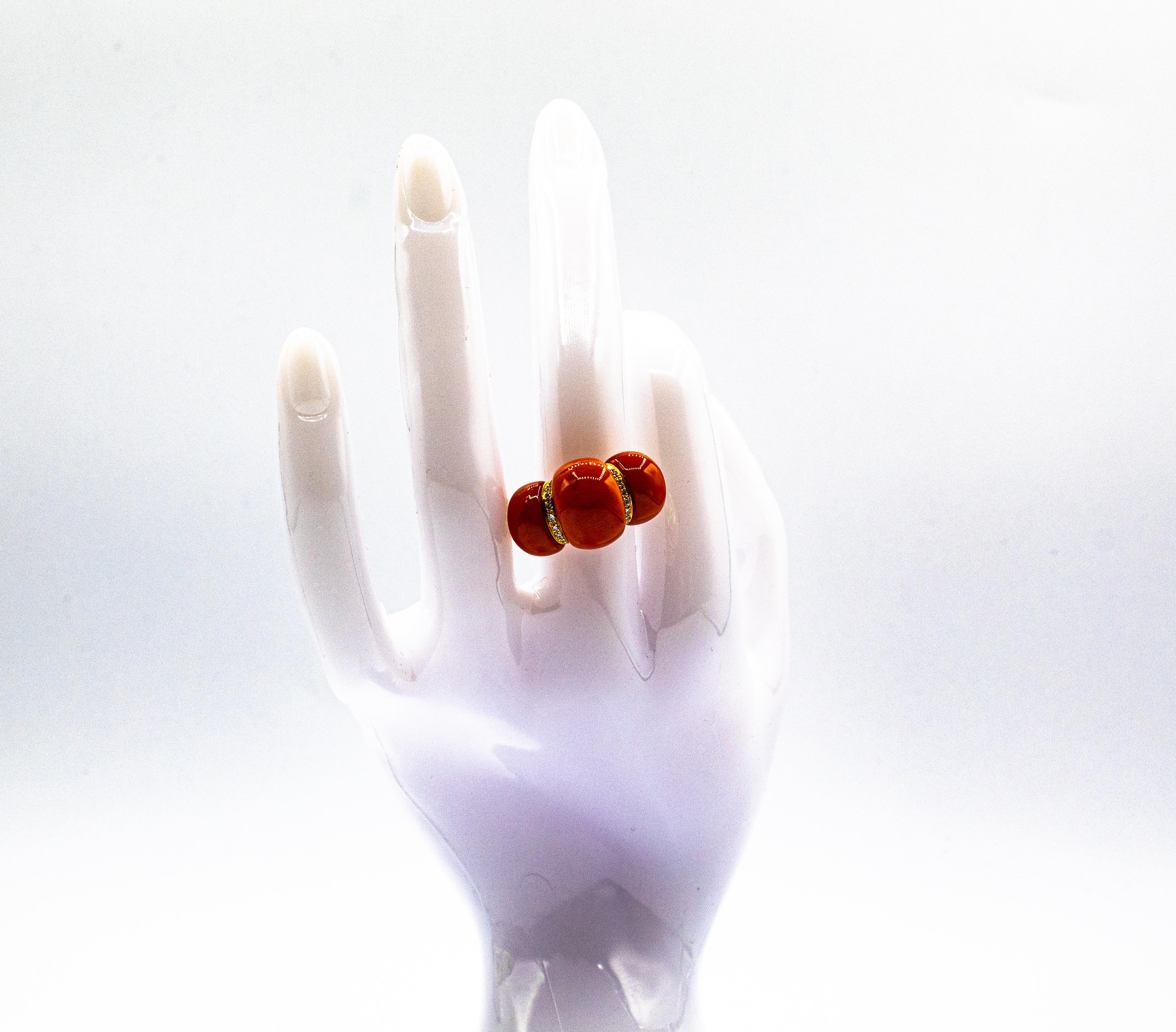 Art Deco Style White Diamond Mediterranean Red Coral Yellow Gold Cocktail Ring 9