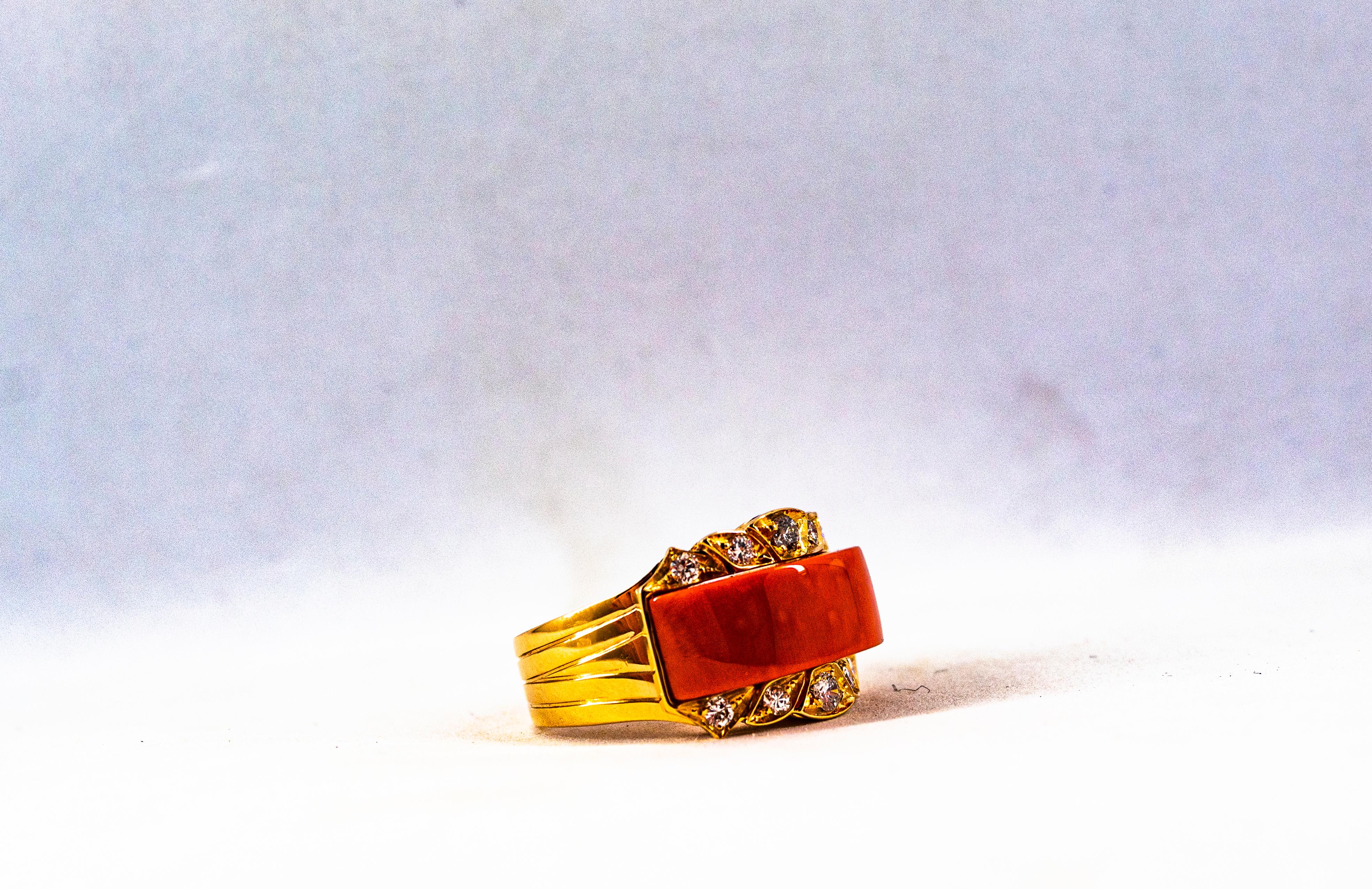 Art Deco Style White Diamond Mediterranean Red Coral Yellow Gold Cocktail Ring 10