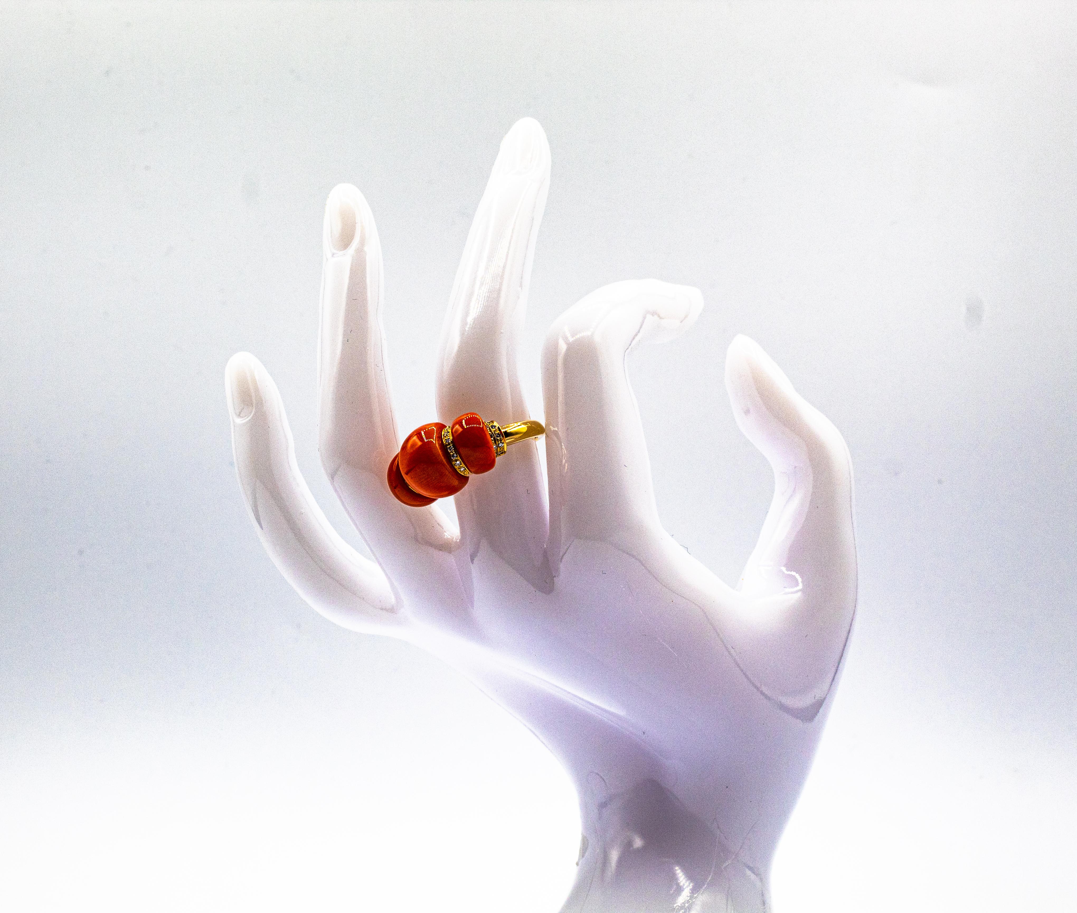 Art Deco Style White Diamond Mediterranean Red Coral Yellow Gold Cocktail Ring 10