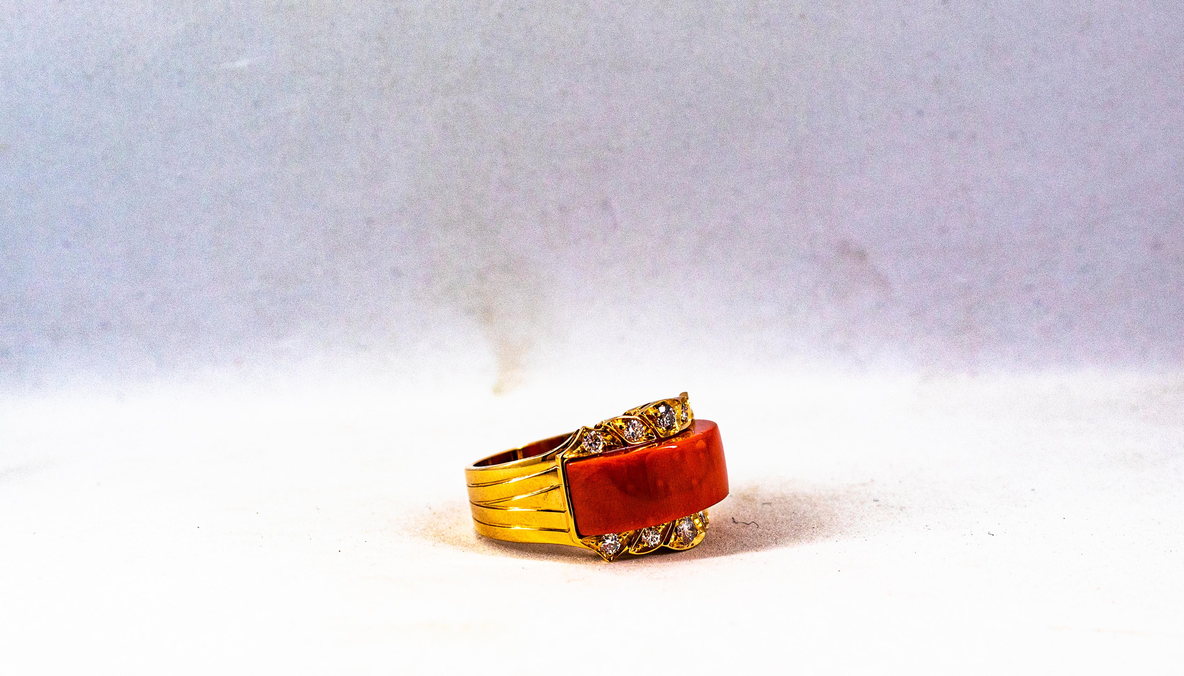 Art Deco Style White Diamond Mediterranean Red Coral Yellow Gold Cocktail Ring For Sale 9