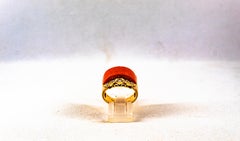 Art Deco Style White Diamond Mediterranean Red Coral Yellow Gold Cocktail Ring