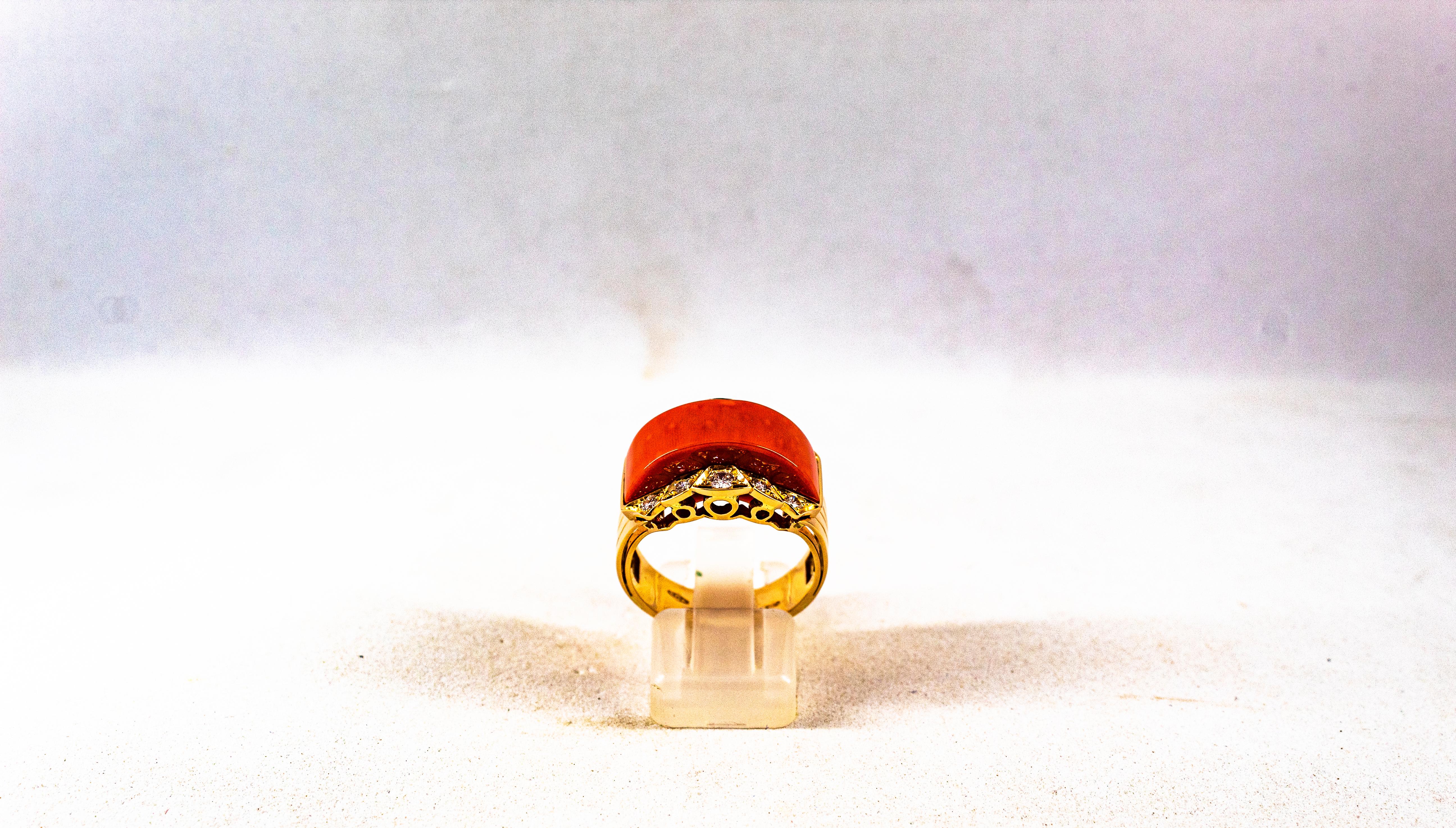 Brilliant Cut Art Deco Style White Diamond Mediterranean Red Coral Yellow Gold Cocktail Ring
