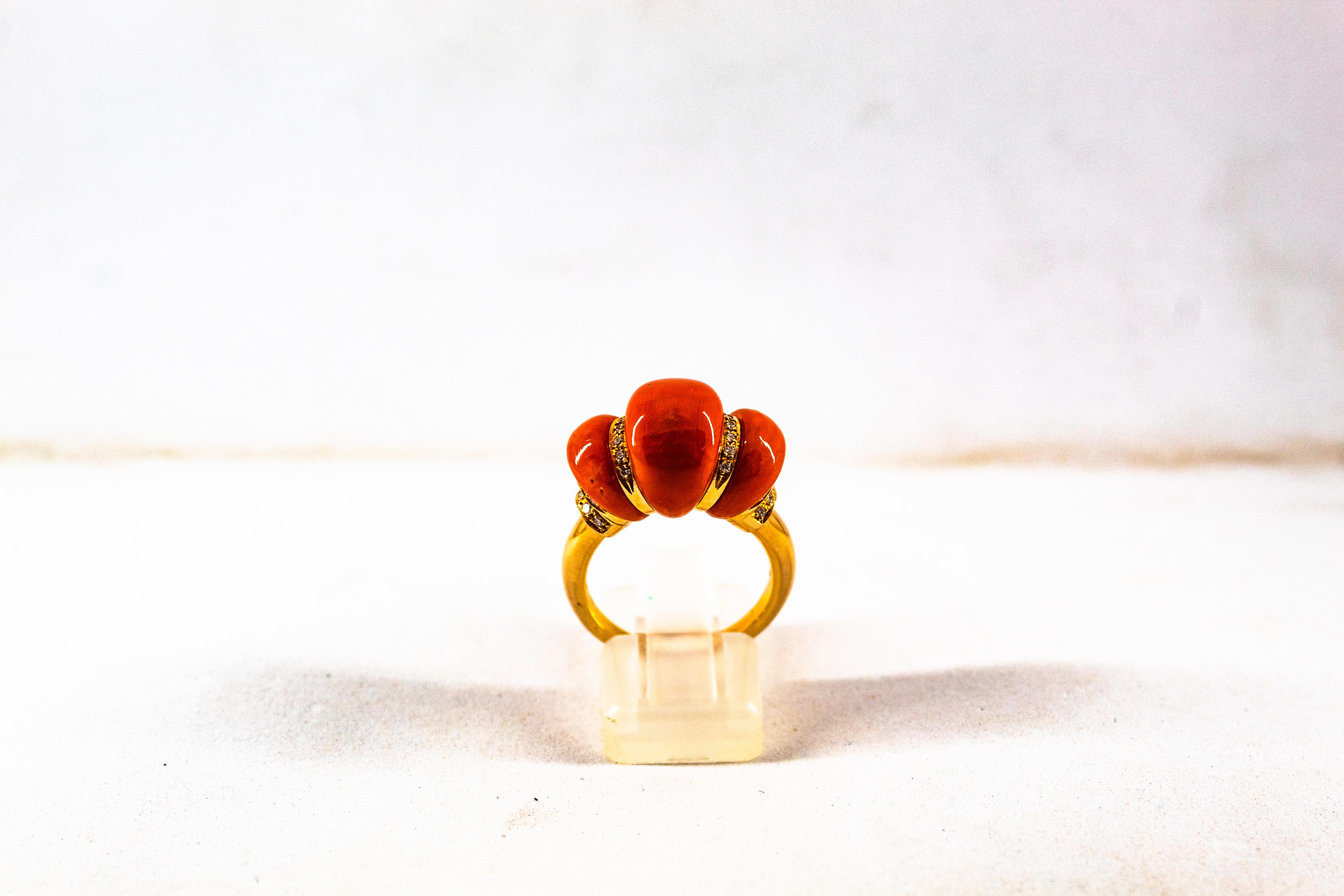 Brilliant Cut Art Deco Style White Diamond Mediterranean Red Coral Yellow Gold Cocktail Ring