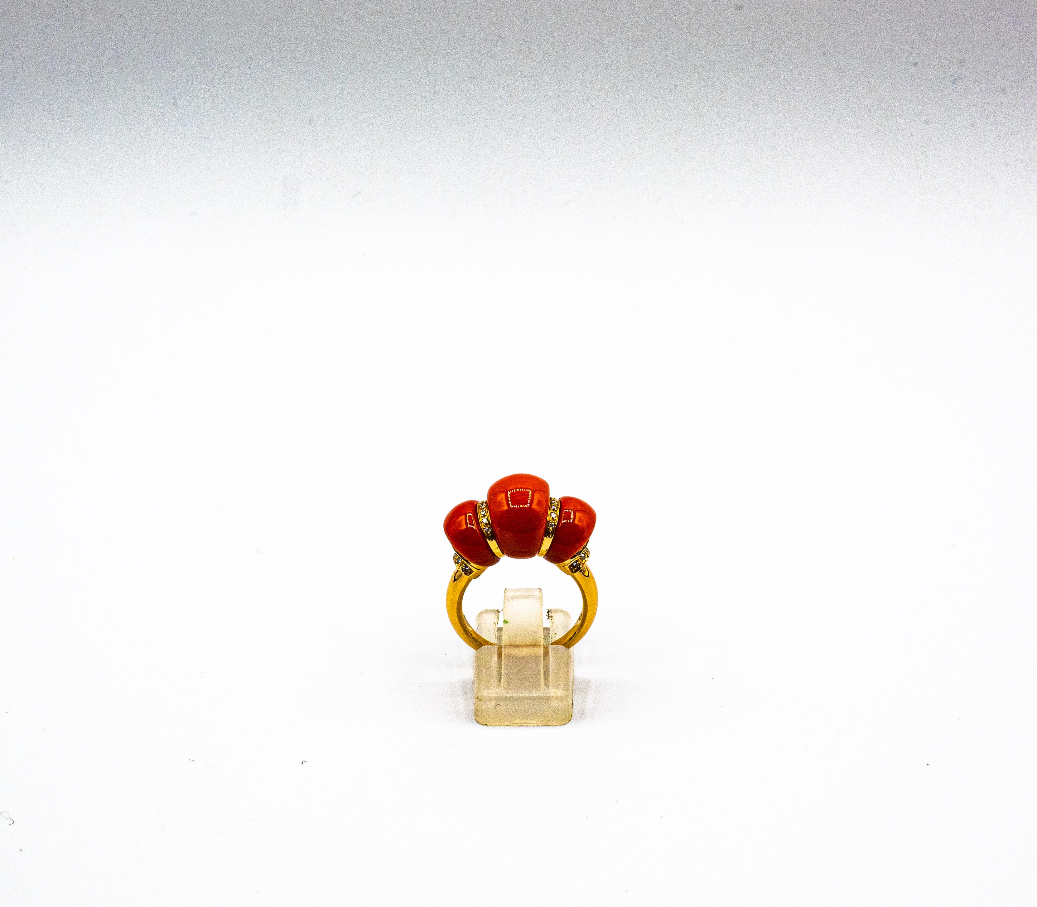 Brilliant Cut Art Deco Style White Diamond Mediterranean Red Coral Yellow Gold Cocktail Ring For Sale