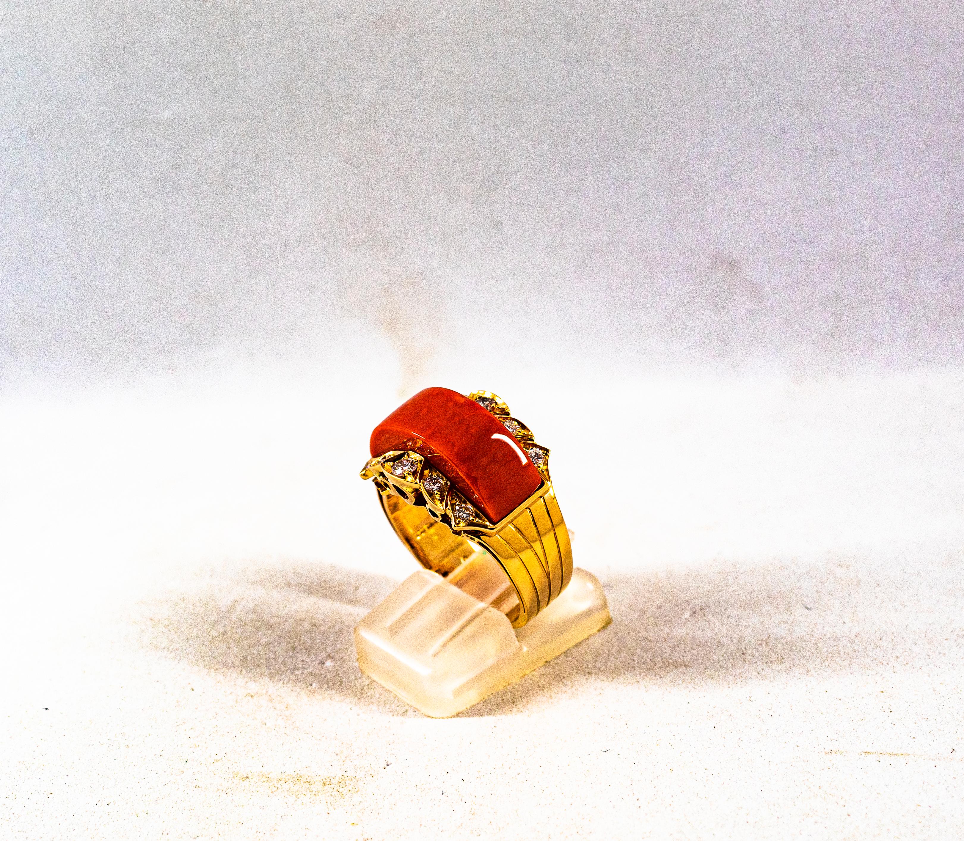 Art Deco Style White Diamond Mediterranean Red Coral Yellow Gold Cocktail Ring In New Condition In Naples, IT