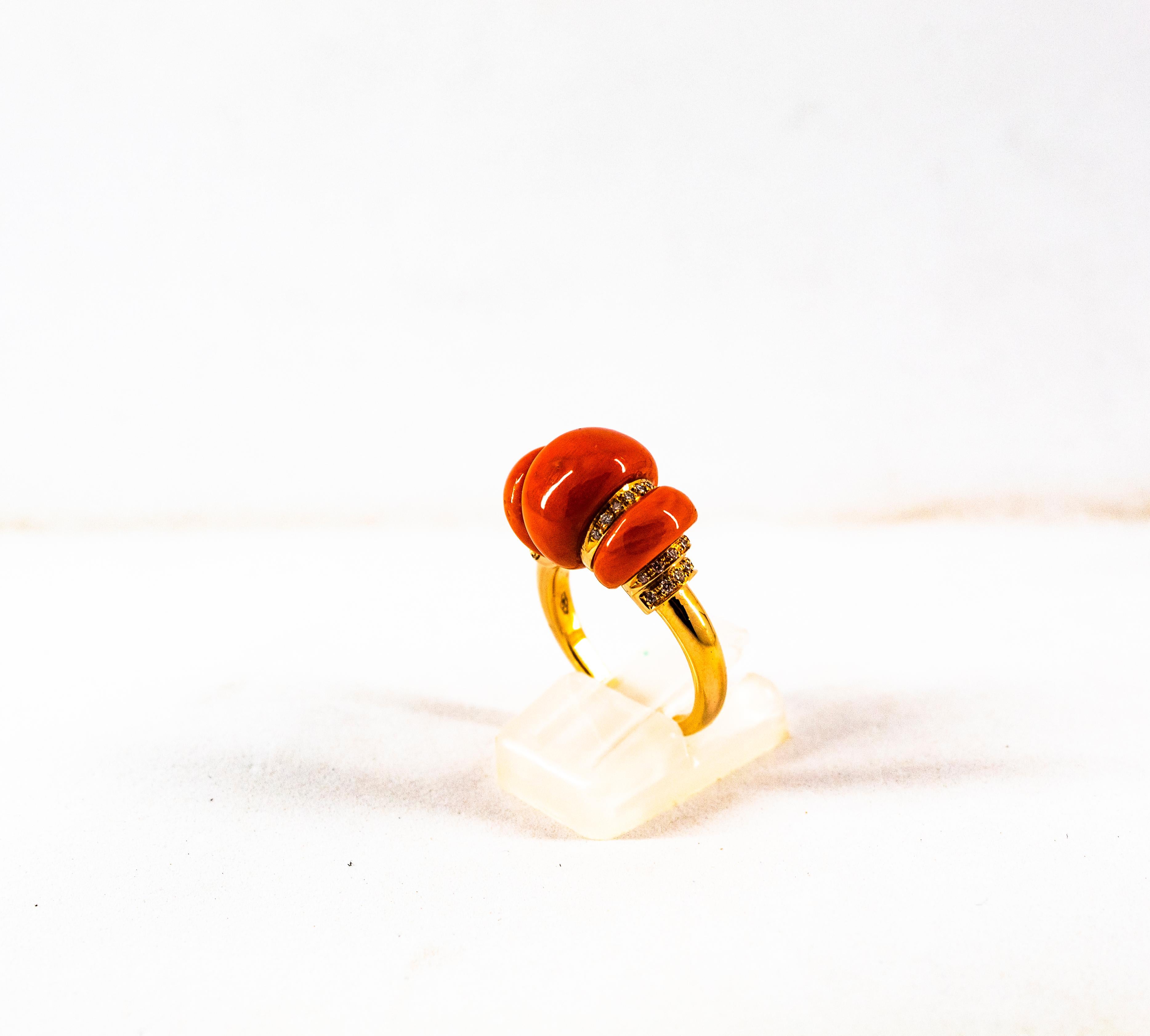 Art Deco Style White Diamond Mediterranean Red Coral Yellow Gold Cocktail Ring In New Condition In Naples, IT