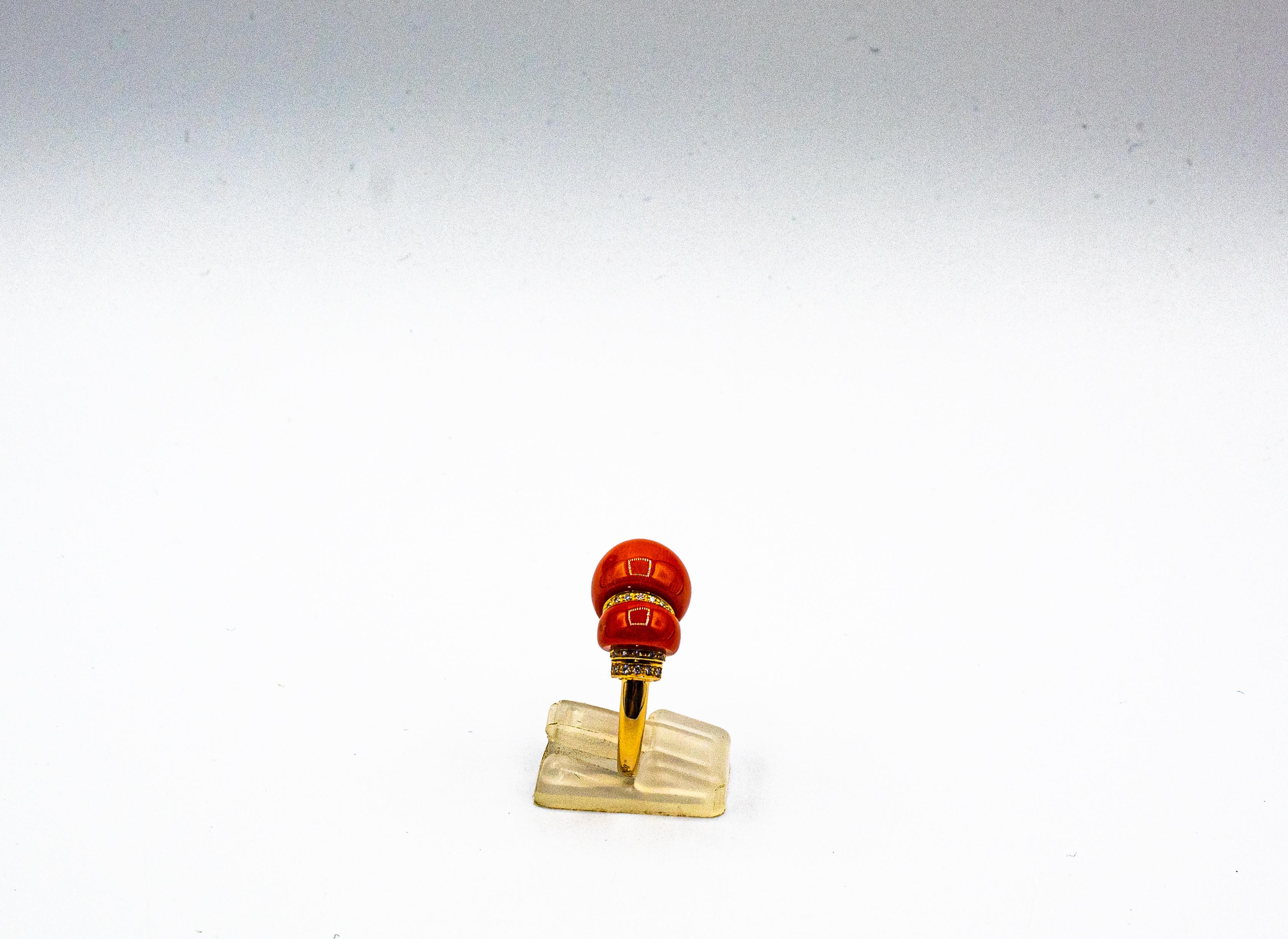 Art Deco Style White Diamond Mediterranean Red Coral Yellow Gold Cocktail Ring In New Condition For Sale In Naples, IT