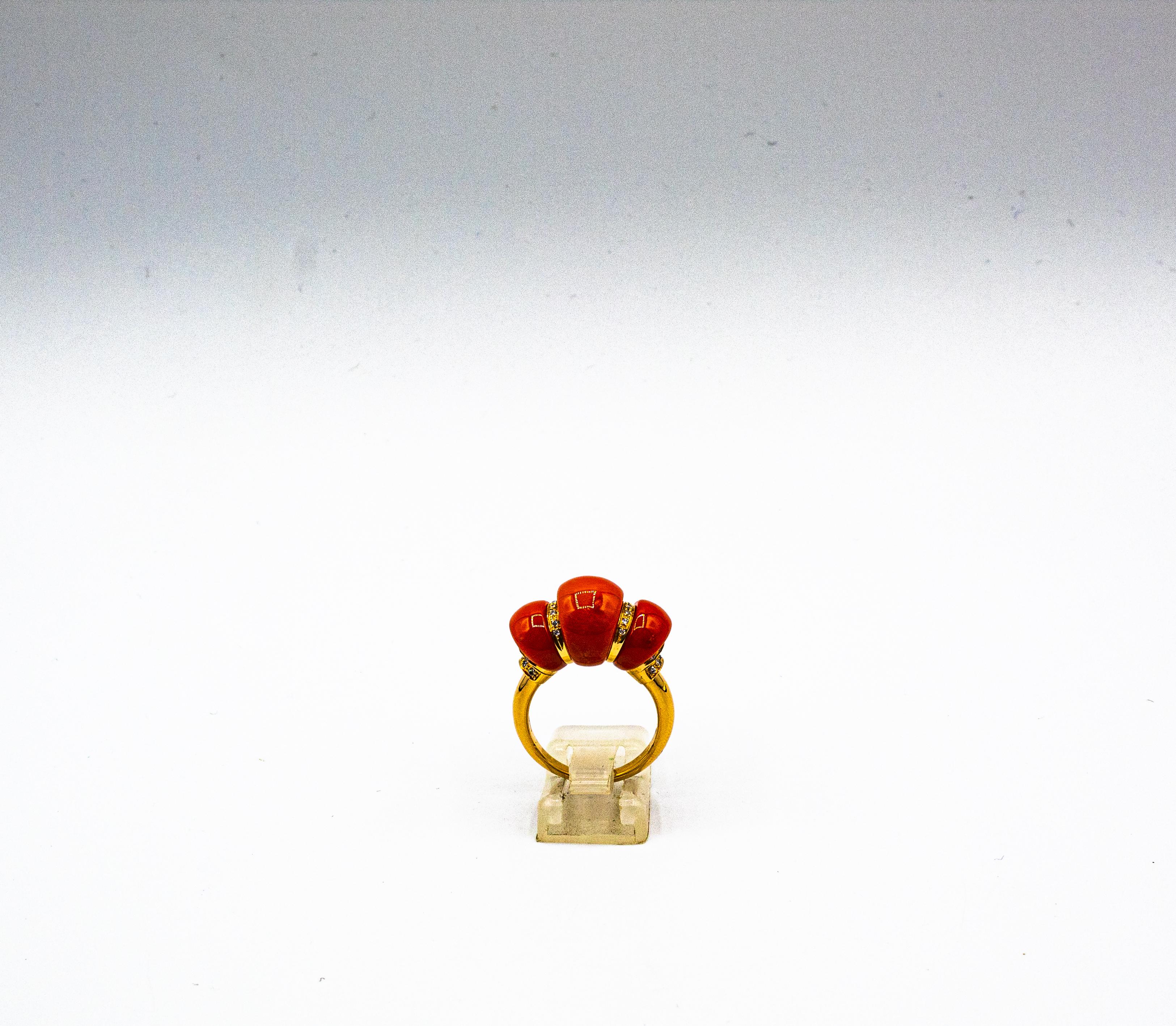 Women's or Men's Art Deco Style White Diamond Mediterranean Red Coral Yellow Gold Cocktail Ring