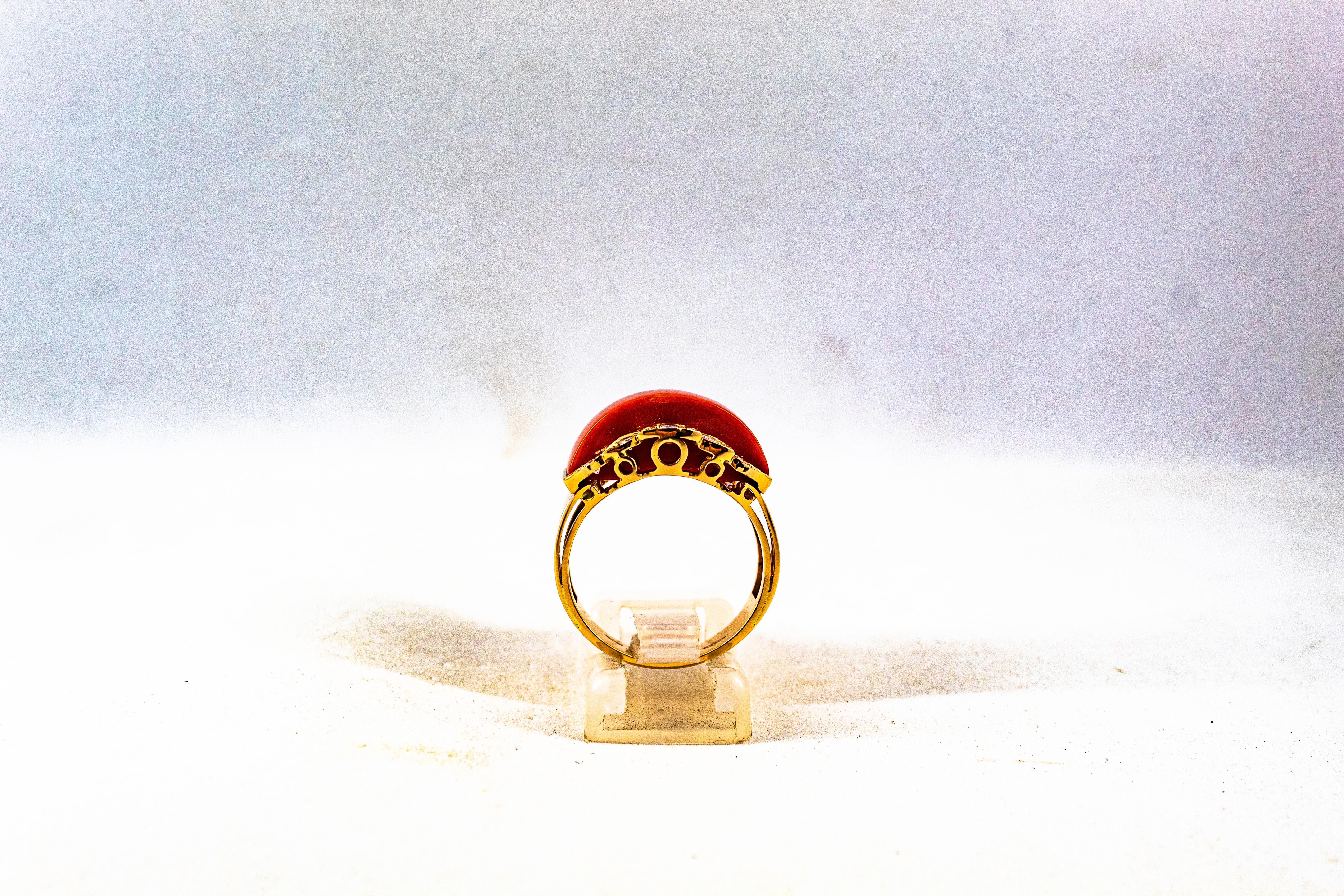 Art Deco Style White Diamond Mediterranean Red Coral Yellow Gold Cocktail Ring In New Condition For Sale In Naples, IT