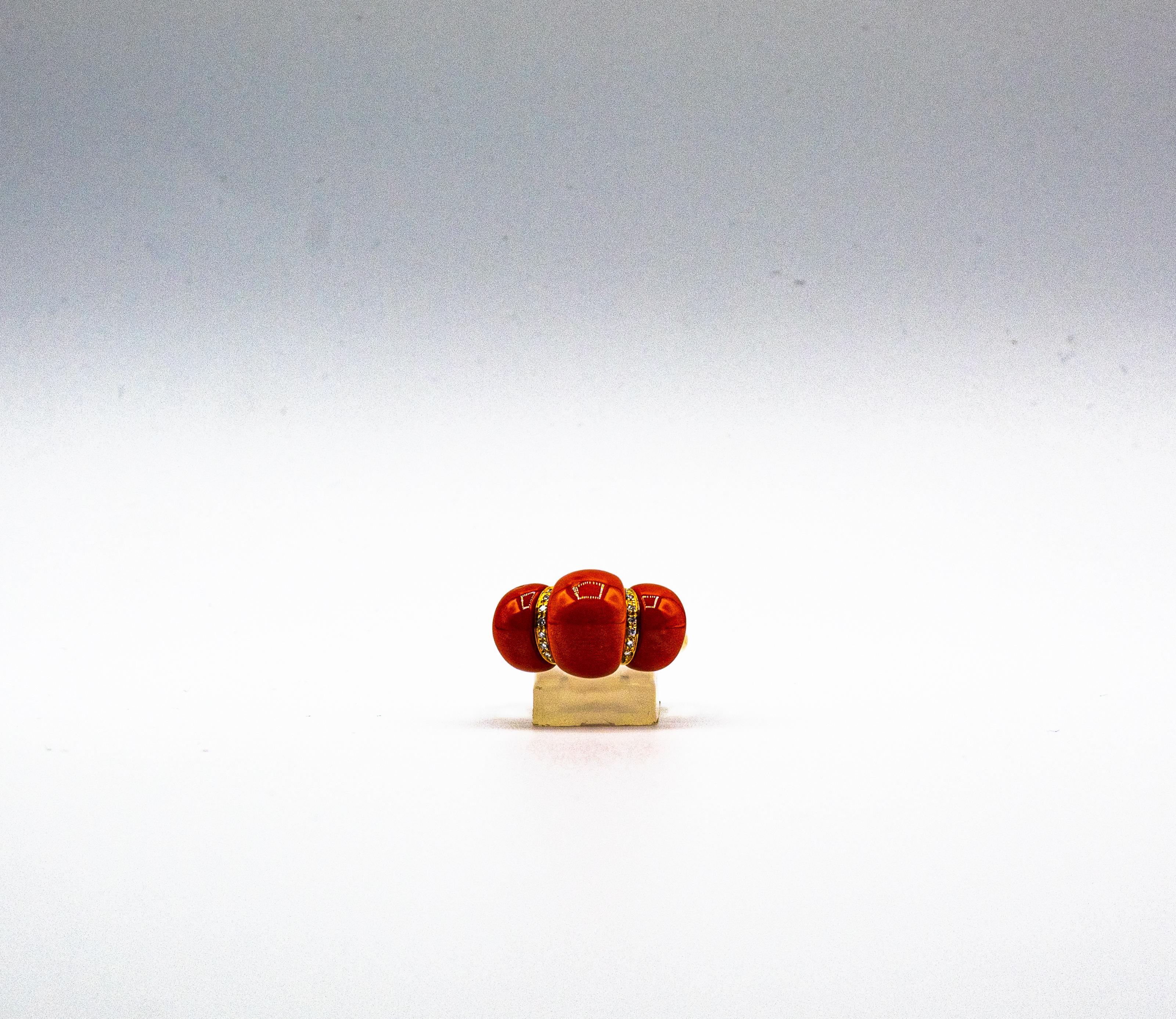 Art Deco Style White Diamond Mediterranean Red Coral Yellow Gold Cocktail Ring 2