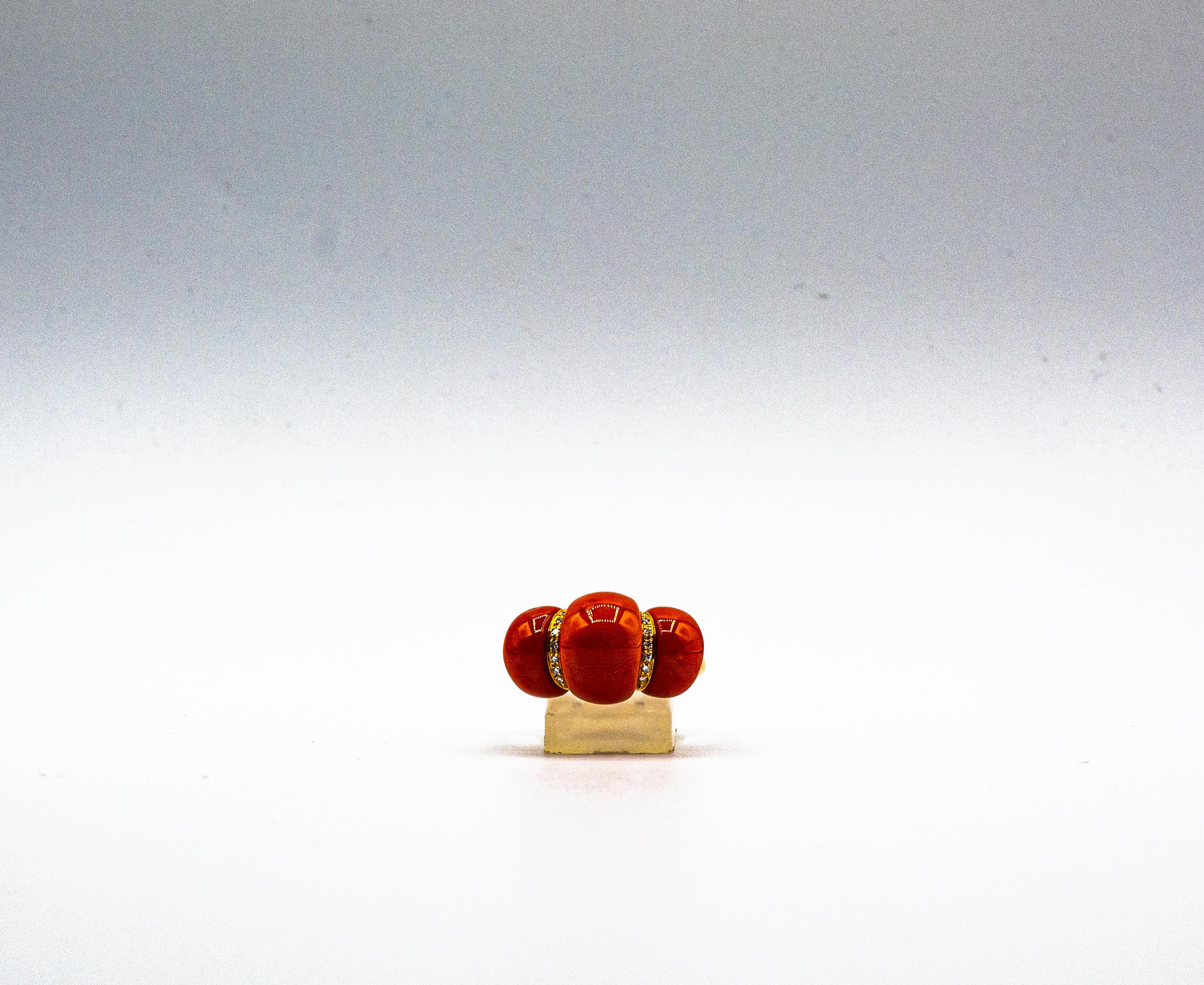 Art Deco Style White Diamond Mediterranean Red Coral Yellow Gold Cocktail Ring For Sale 3