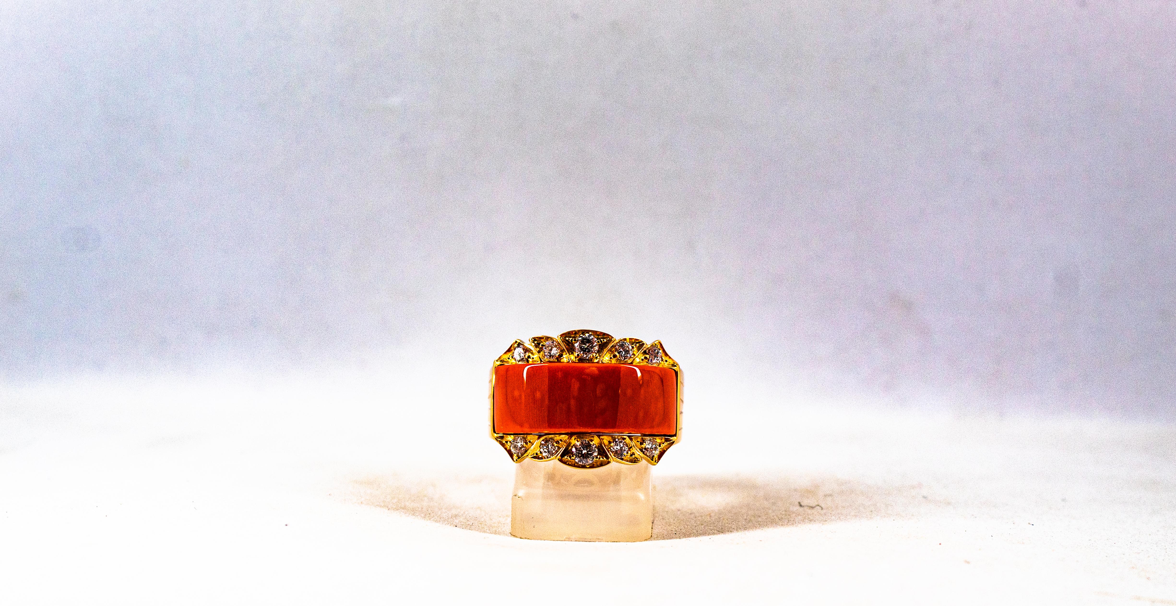 Art Deco Style White Diamond Mediterranean Red Coral Yellow Gold Cocktail Ring 4