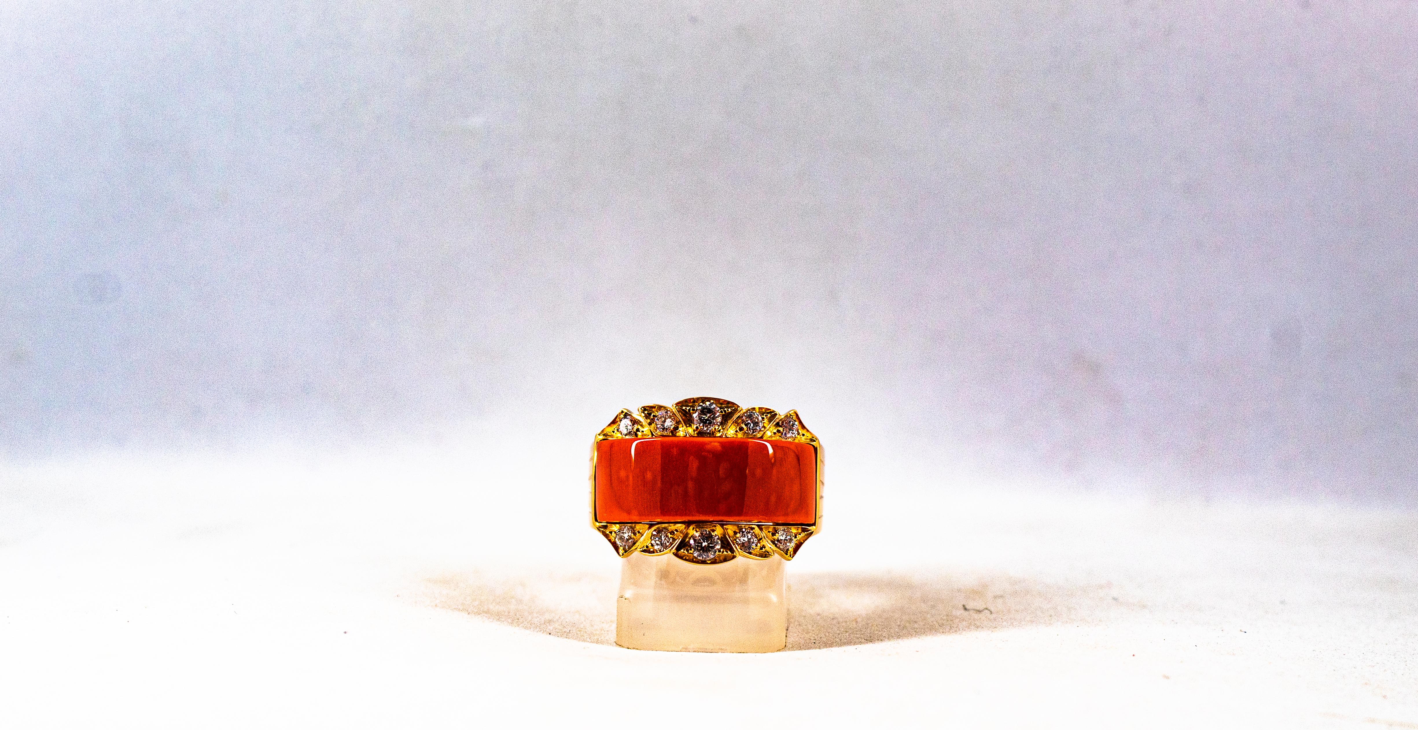 Art Deco Style White Diamond Mediterranean Red Coral Yellow Gold Cocktail Ring For Sale 2