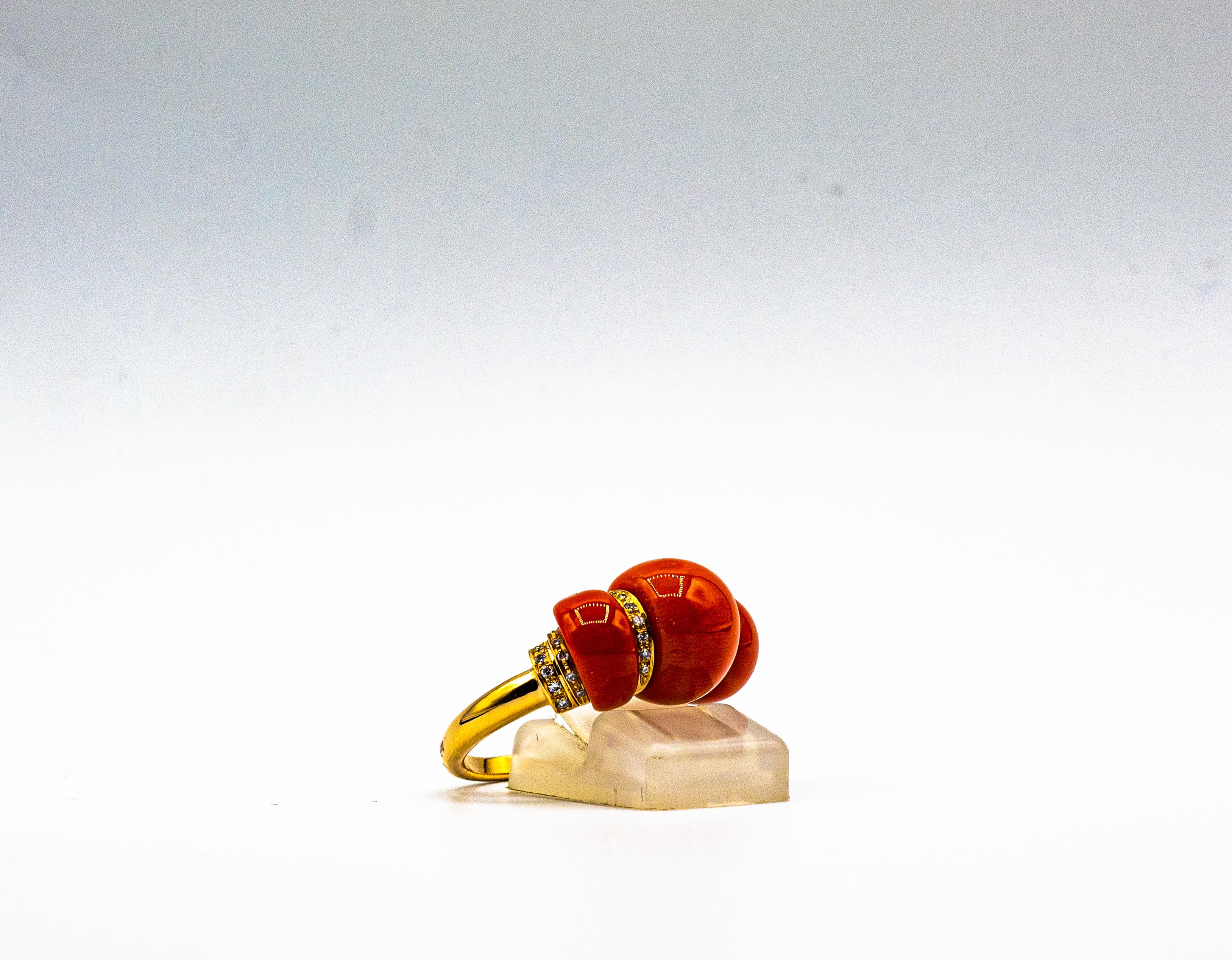 Art Deco Style White Diamond Mediterranean Red Coral Yellow Gold Cocktail Ring For Sale 4