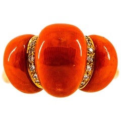 Art Deco Style White Diamond Mediterranean Red Coral Yellow Gold Cocktail Ring