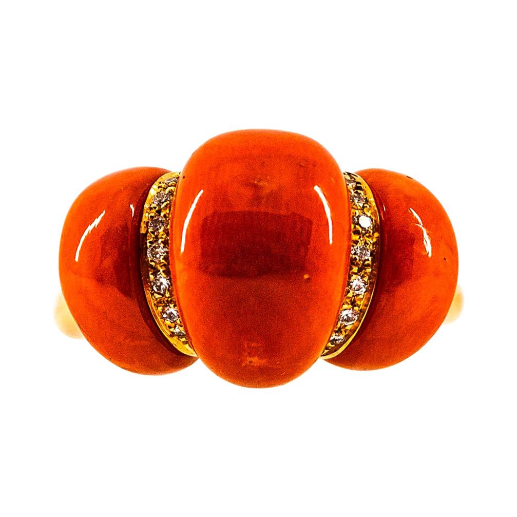 Art Deco Style White Diamond Mediterranean Red Coral Yellow Gold Cocktail Ring