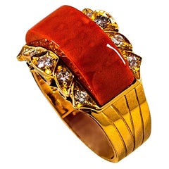 Art Deco Style White Diamond Mediterranean Red Coral Yellow Gold Cocktail Ring