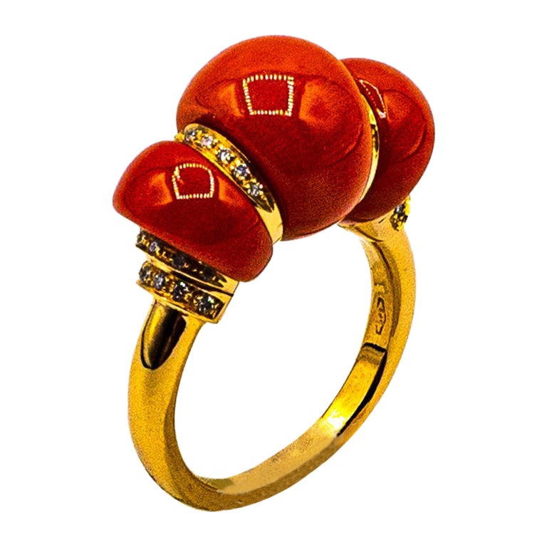 Art Deco Style White Diamond Mediterranean Red Coral Yellow Gold Cocktail Ring For Sale