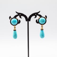 Orecchini a goccia in oro giallo con diamante bianco, turchese naturale e onice, in stile Art Deco