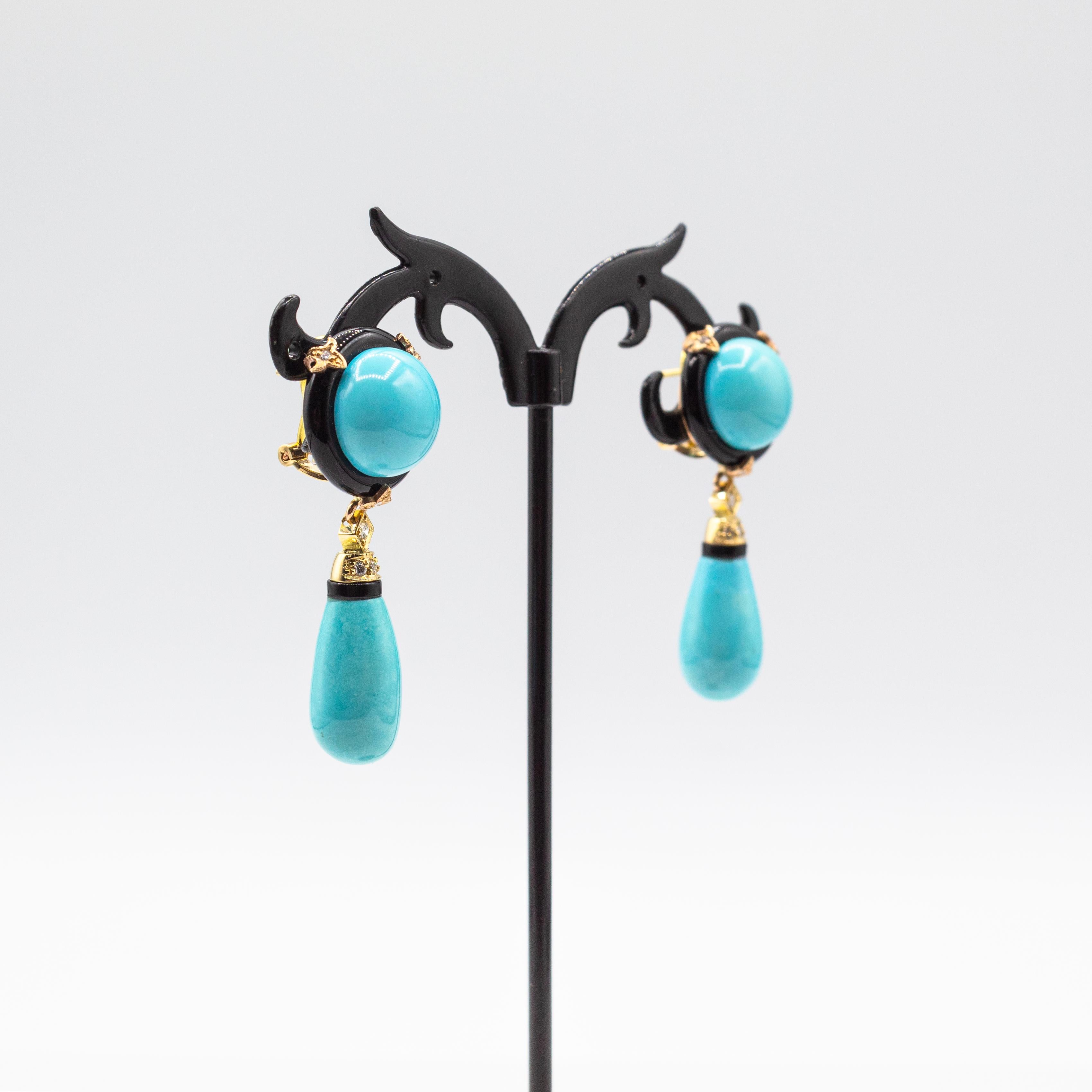 Brilliant Cut Art Deco Style White Diamond Natural Turquoise Onyx Yellow Gold Drop Earrings