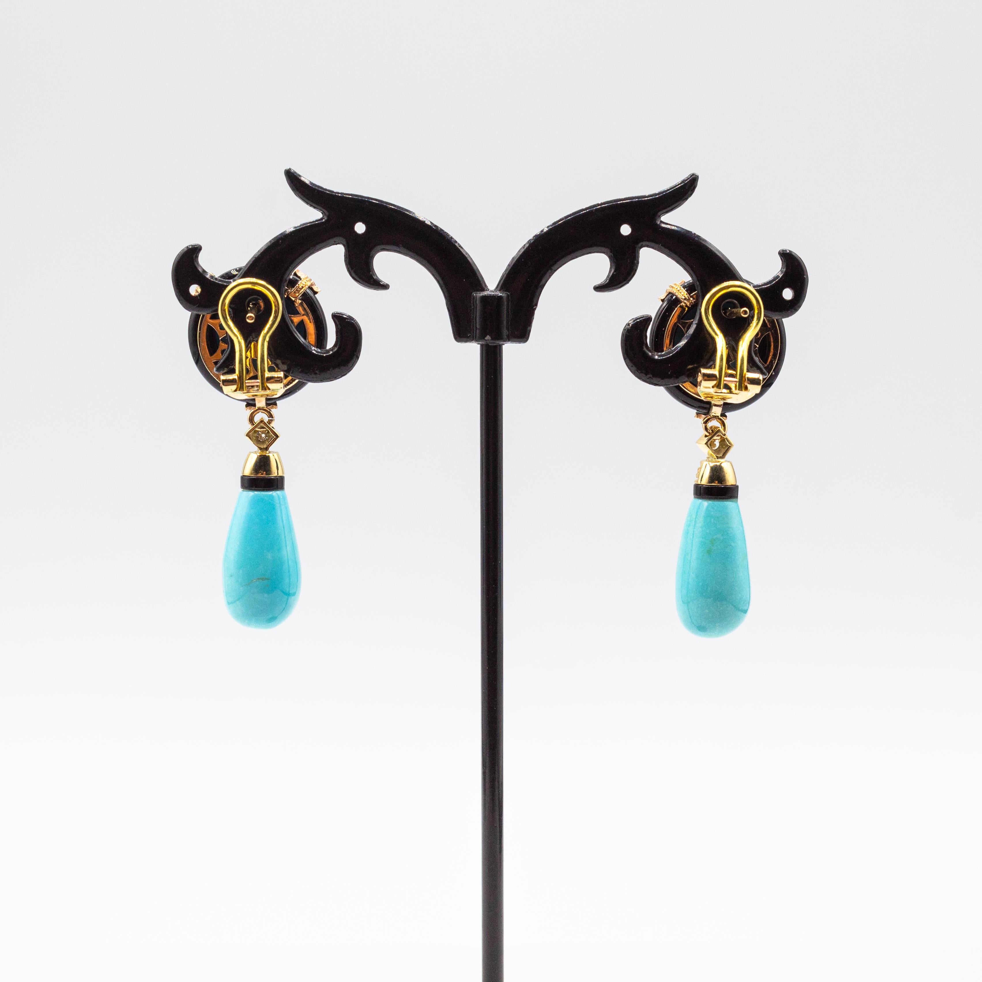 Art Deco Style White Diamond Natural Turquoise Onyx Yellow Gold Drop Earrings In New Condition In Naples, IT