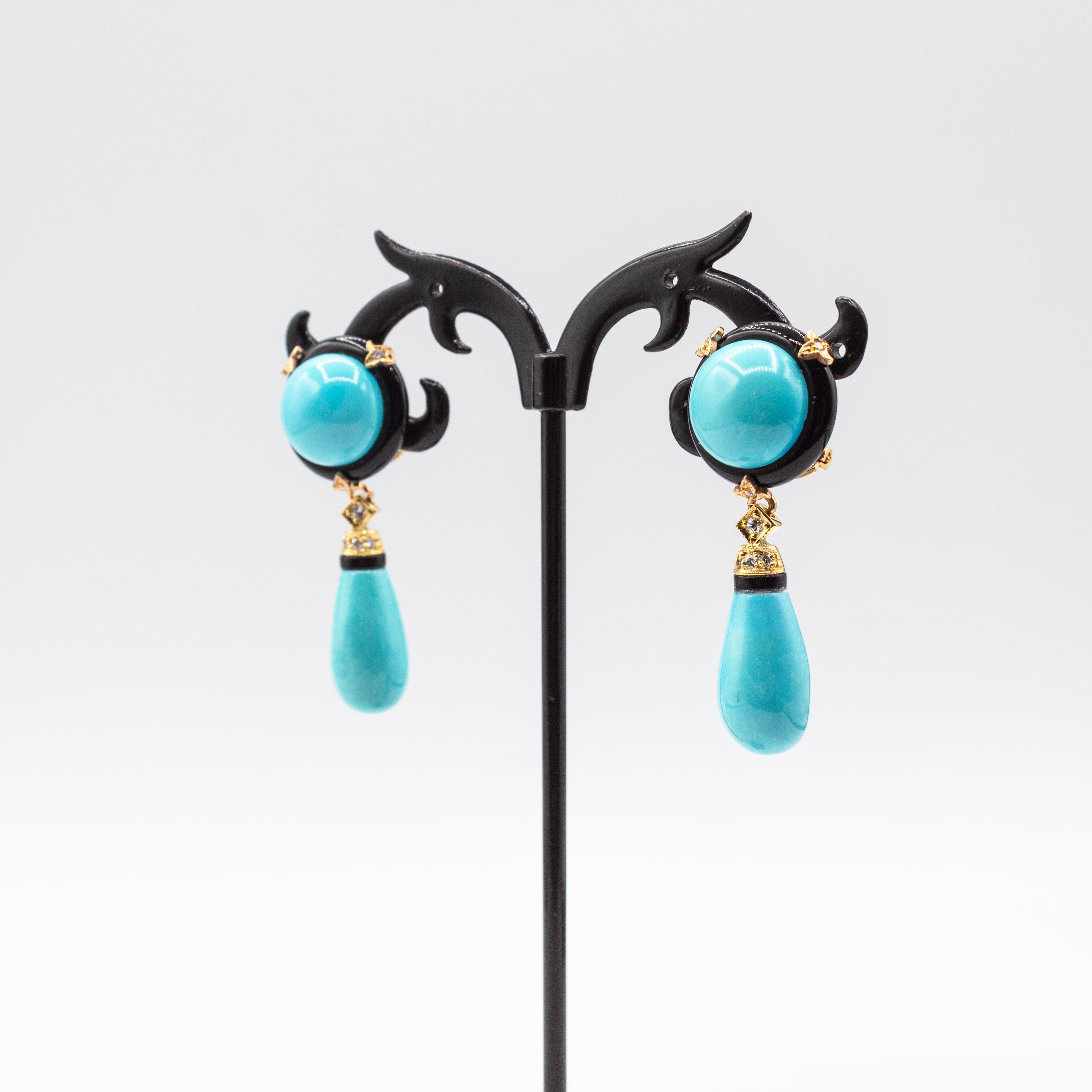 Women's or Men's Art Deco Style White Diamond Natural Turquoise Onyx Yellow Gold Drop Earrings