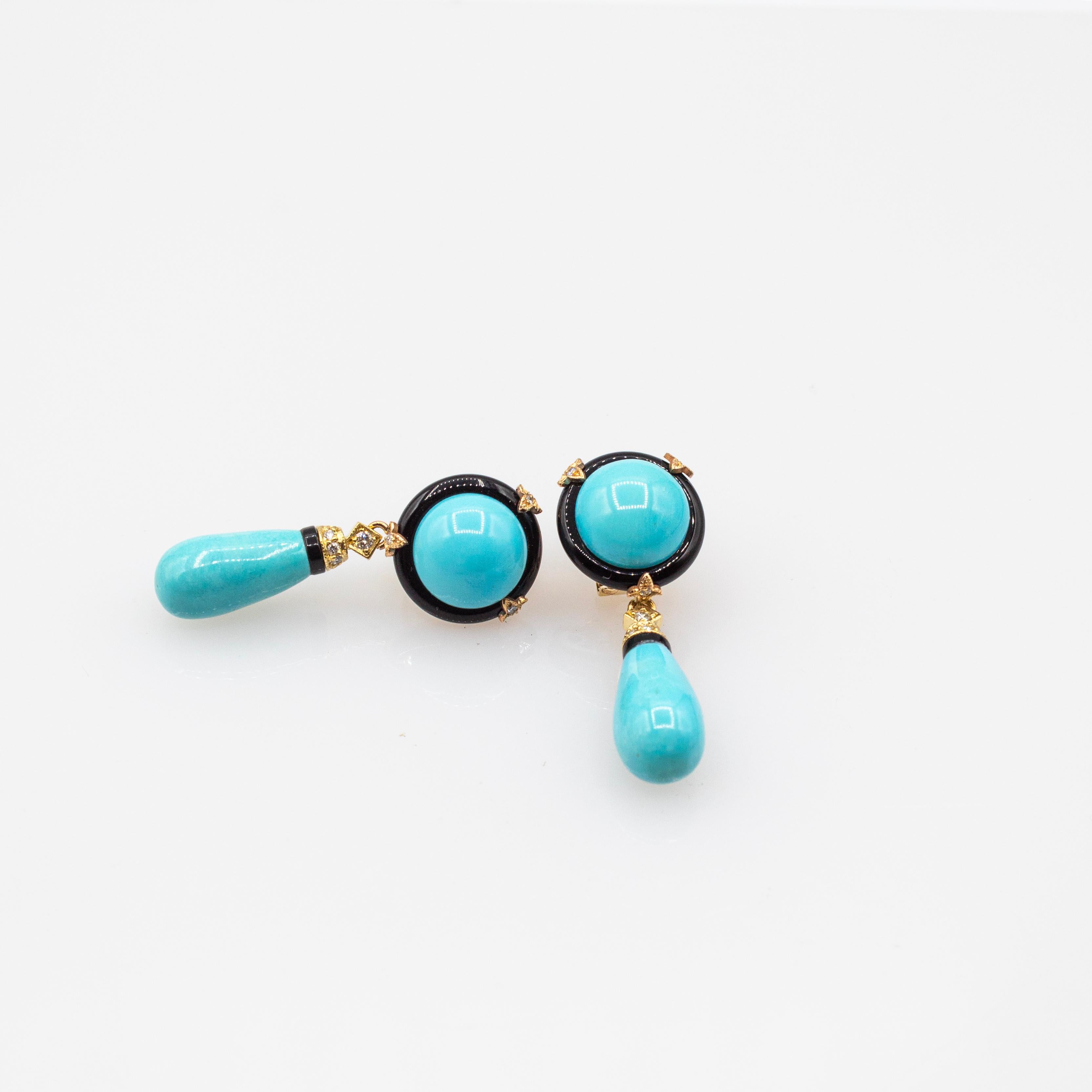 Art Deco Style White Diamond Natural Turquoise Onyx Yellow Gold Drop Earrings 1