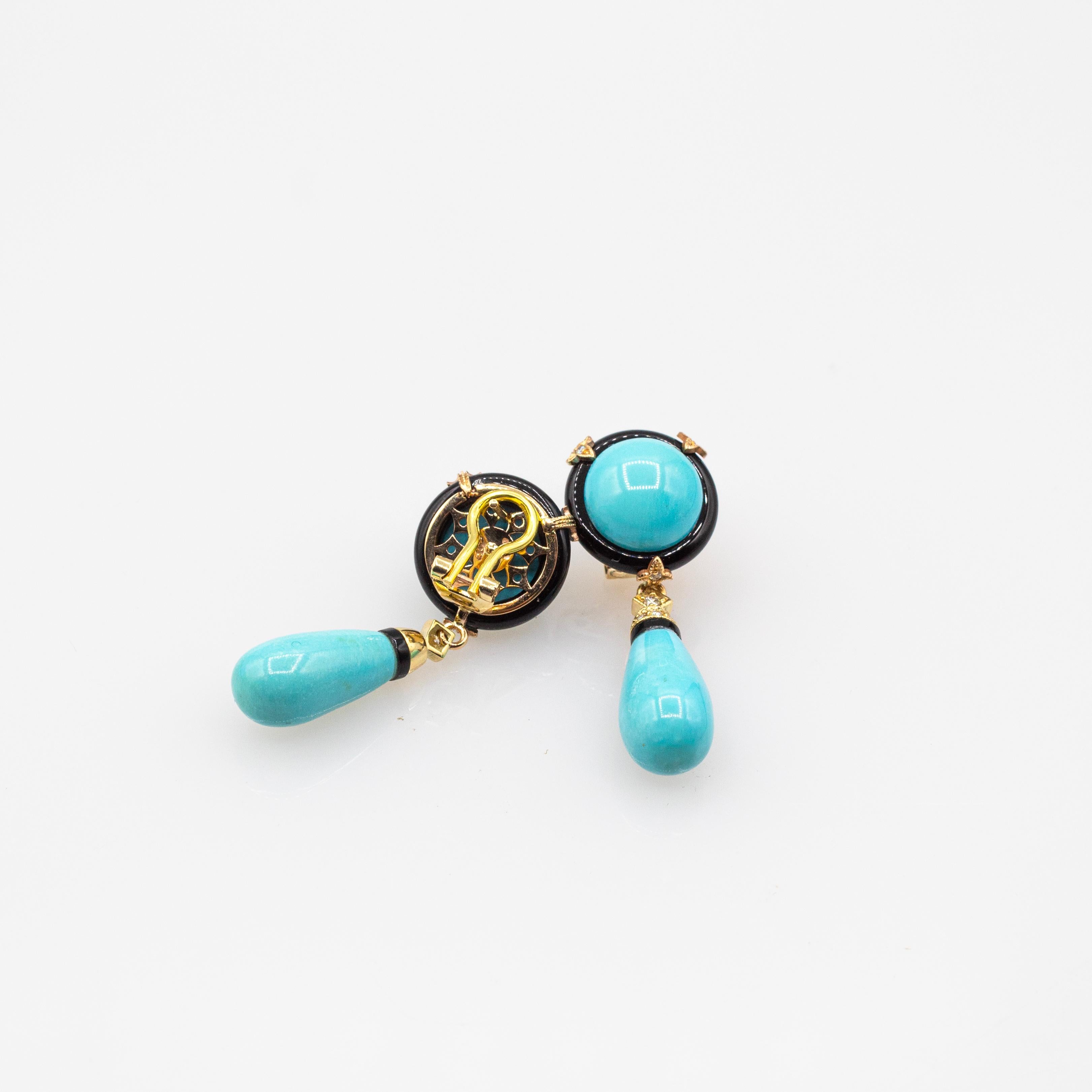 Art Deco Style White Diamond Natural Turquoise Onyx Yellow Gold Drop Earrings 2