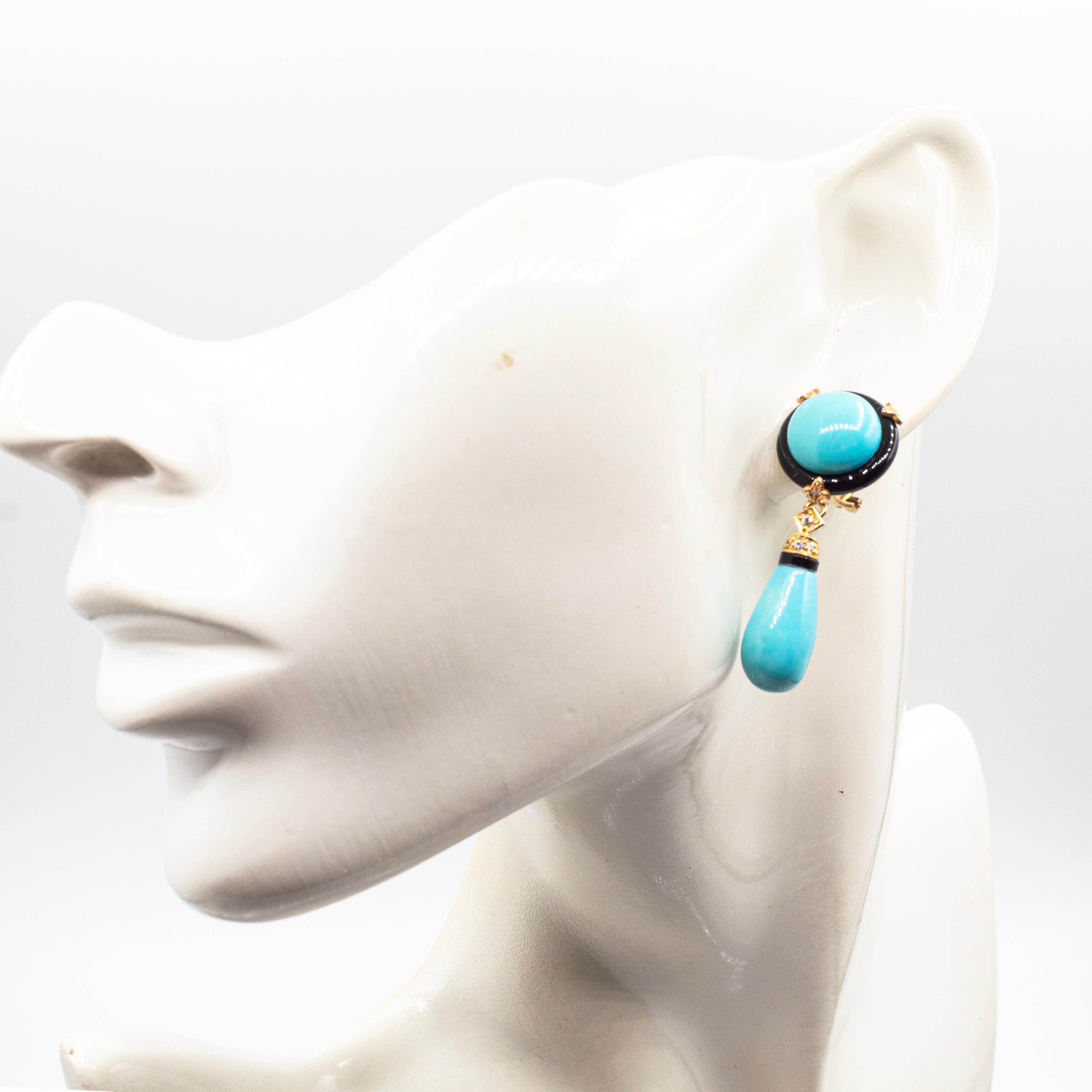 Art Deco Style White Diamond Natural Turquoise Onyx Yellow Gold Drop Earrings 3