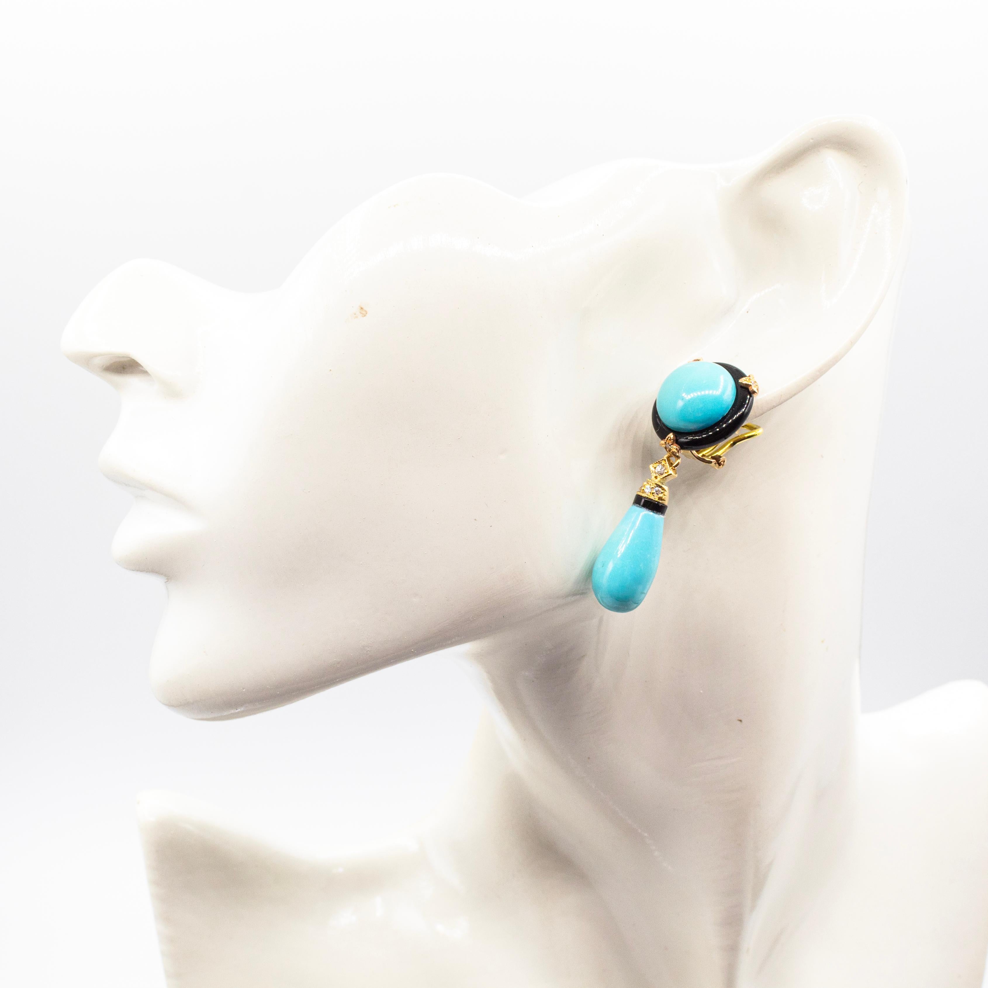 Art Deco Style White Diamond Natural Turquoise Onyx Yellow Gold Drop Earrings 4