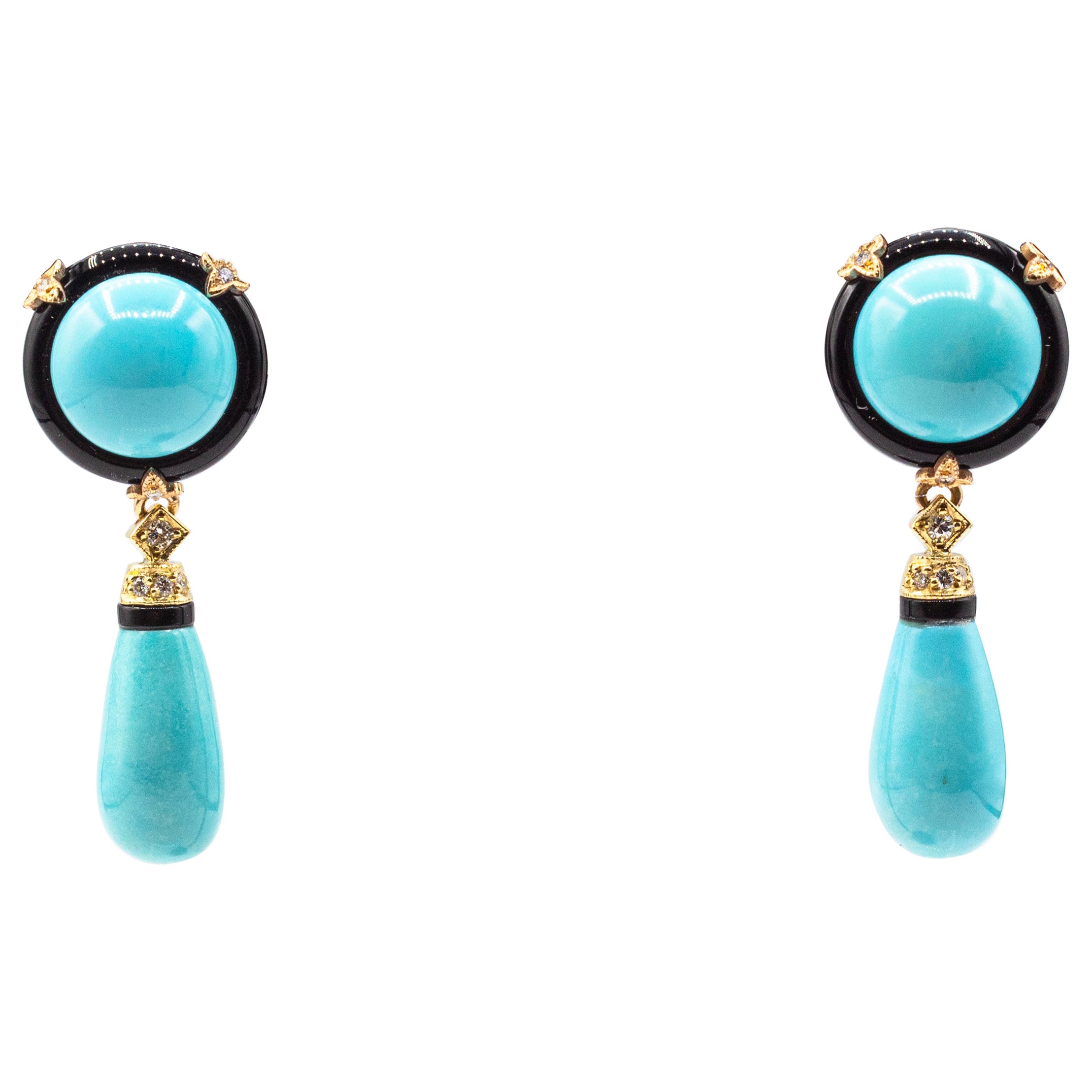 Boucles d'oreilles pendantes de style Art déco en or jaune avec diamant blanc, turquoise naturelle et onyx