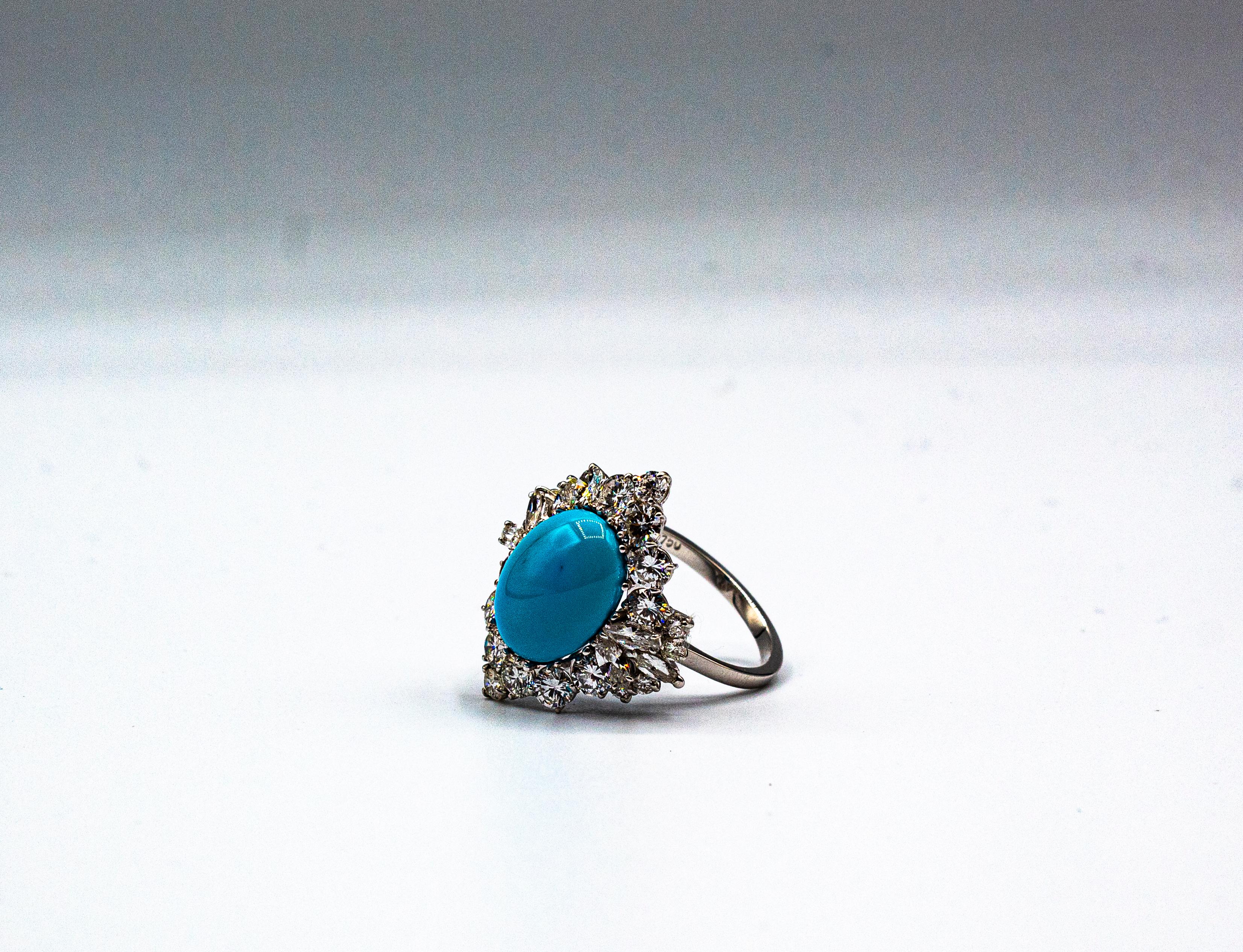 Art Deco Style White Diamond Natural Turquoise White Gold Cocktail Ring For Sale 5