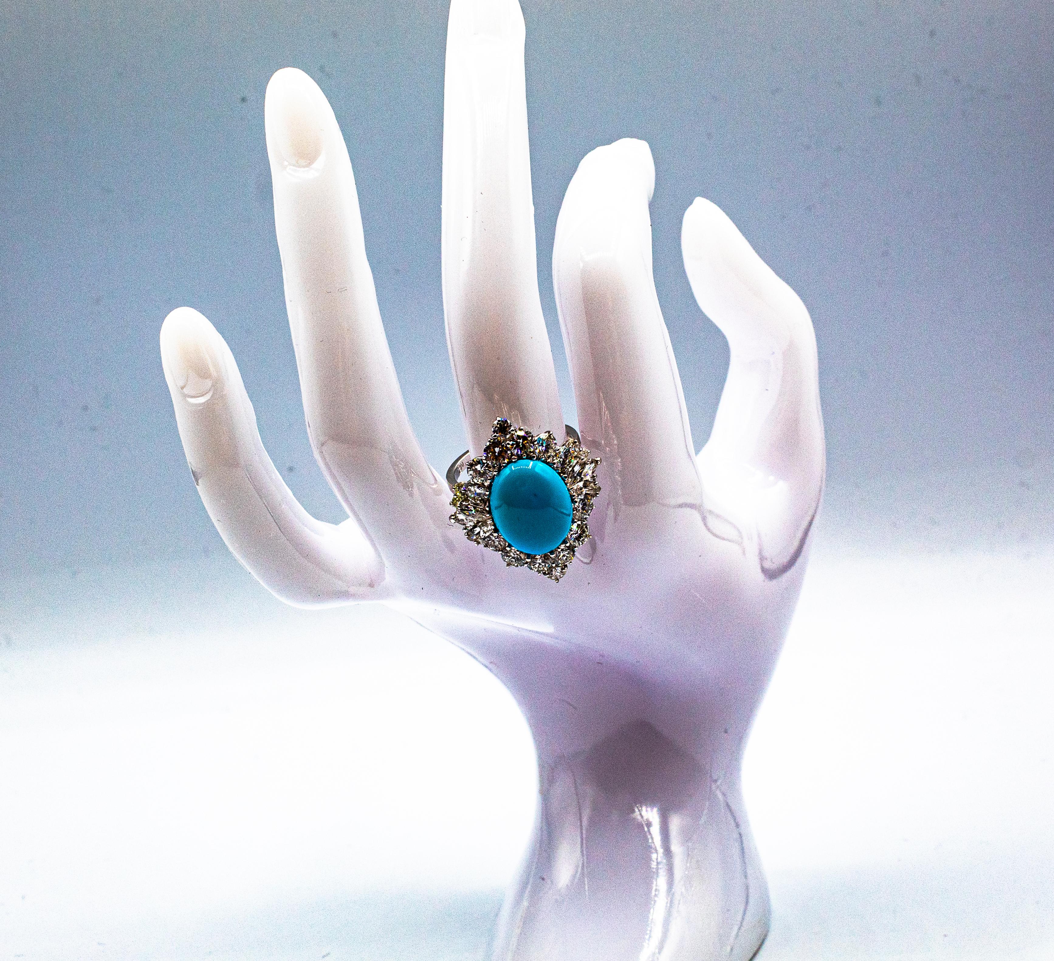 Art Deco Style White Diamond Natural Turquoise White Gold Cocktail Ring For Sale 6