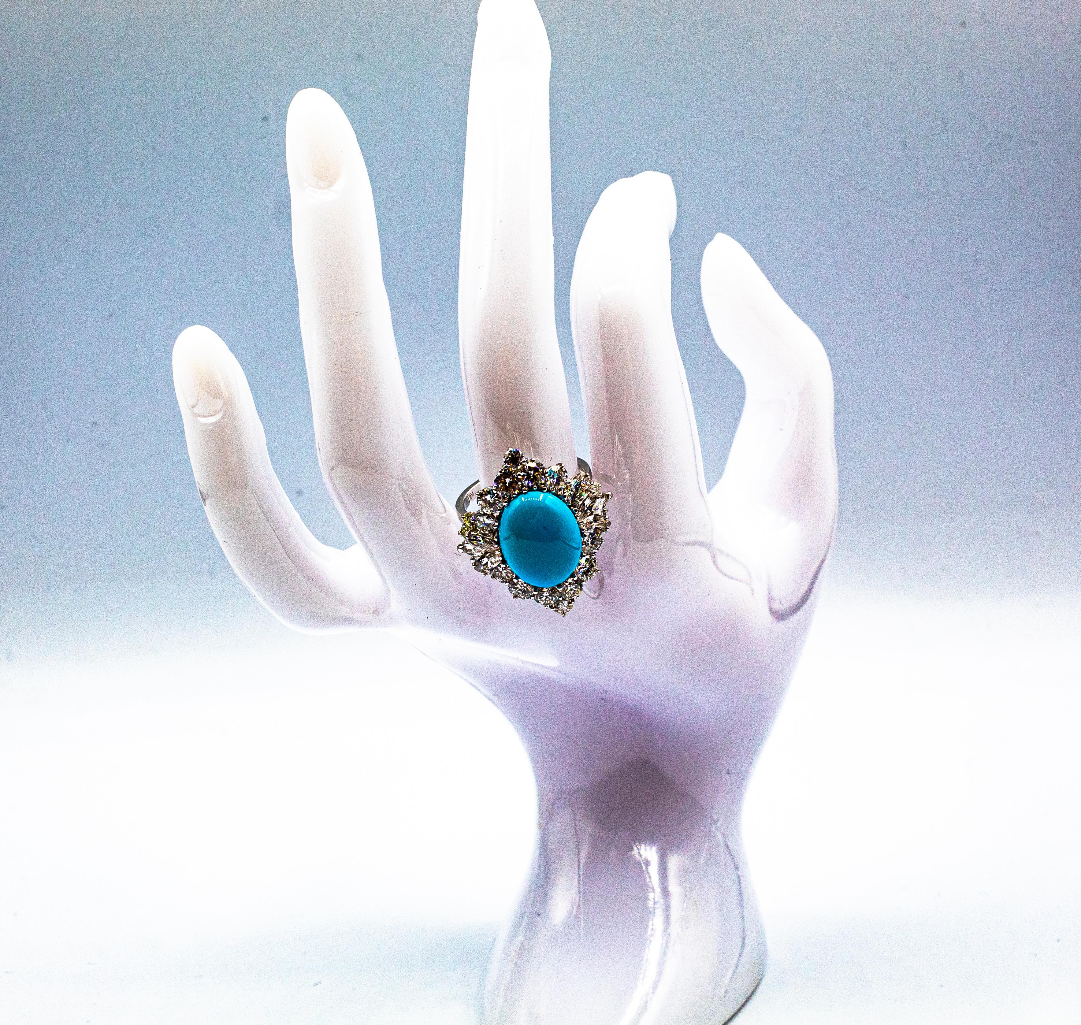Art Deco Style White Diamond Natural Turquoise White Gold Cocktail Ring For Sale 7
