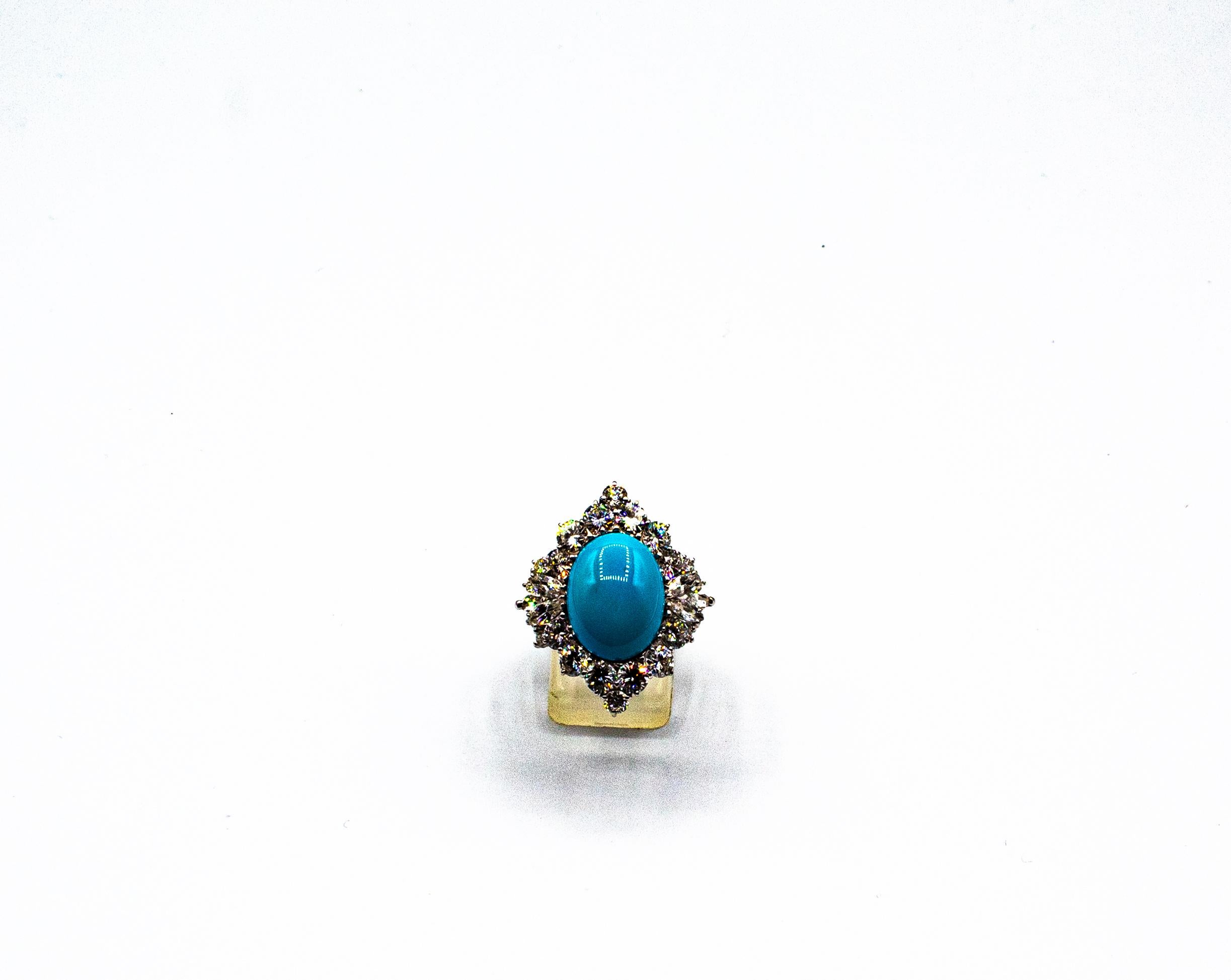 Brilliant Cut Art Deco Style White Diamond Natural Turquoise White Gold Cocktail Ring