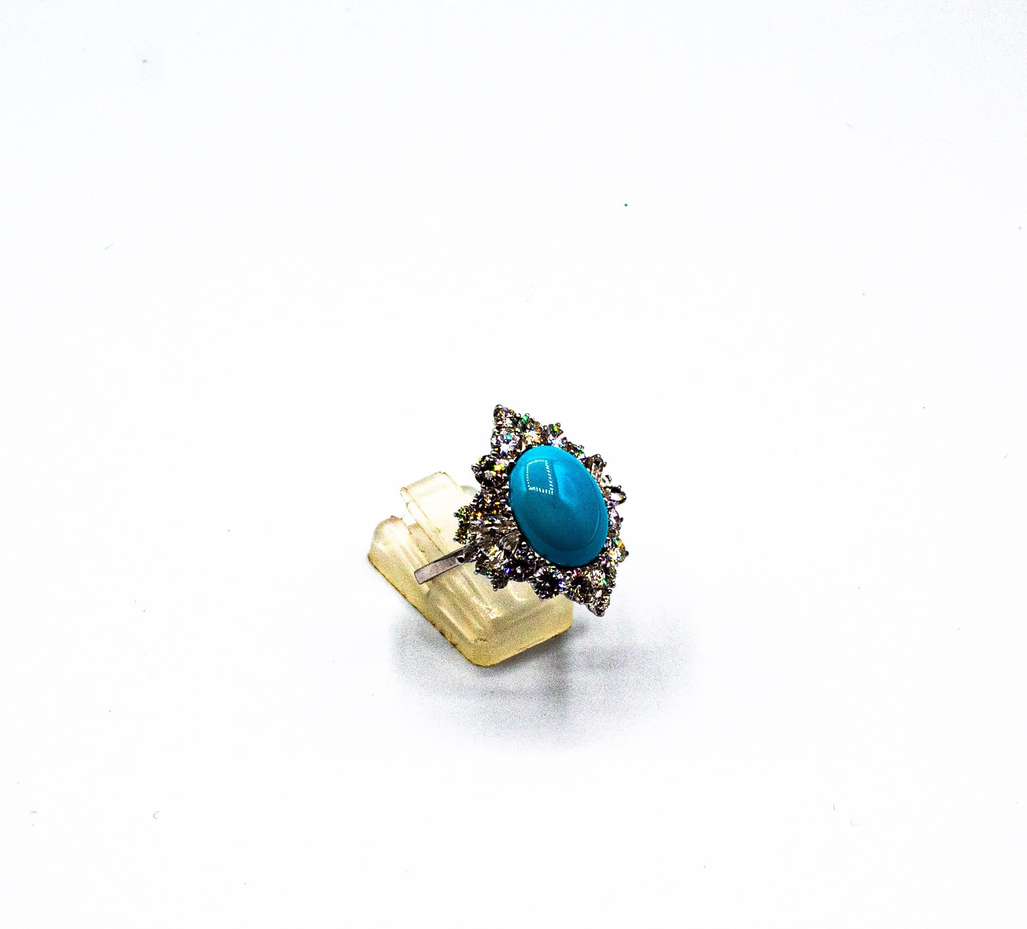 Art Deco Style White Diamond Natural Turquoise White Gold Cocktail Ring In New Condition In Naples, IT