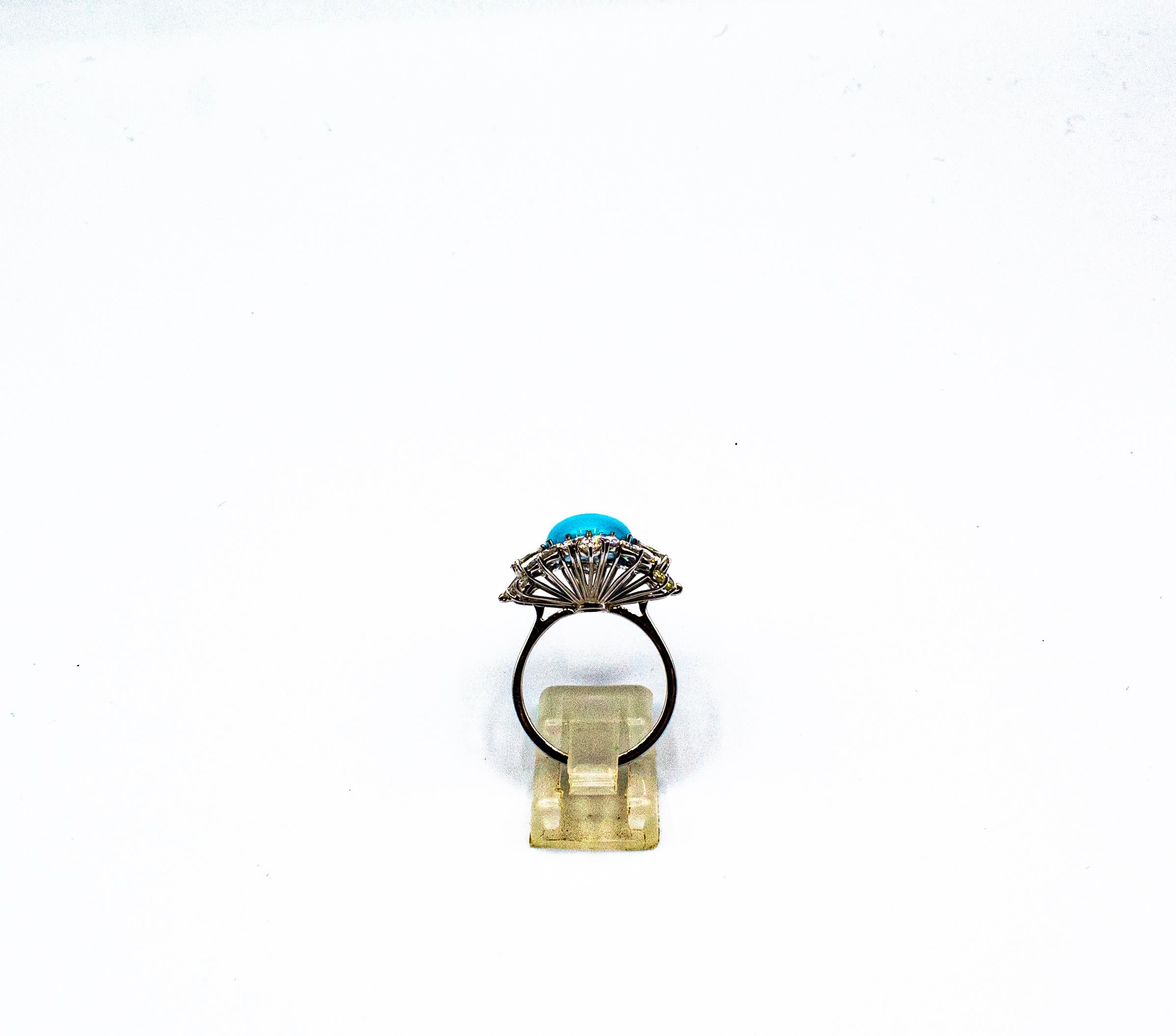 Women's or Men's Art Deco Style White Diamond Natural Turquoise White Gold Cocktail Ring For Sale