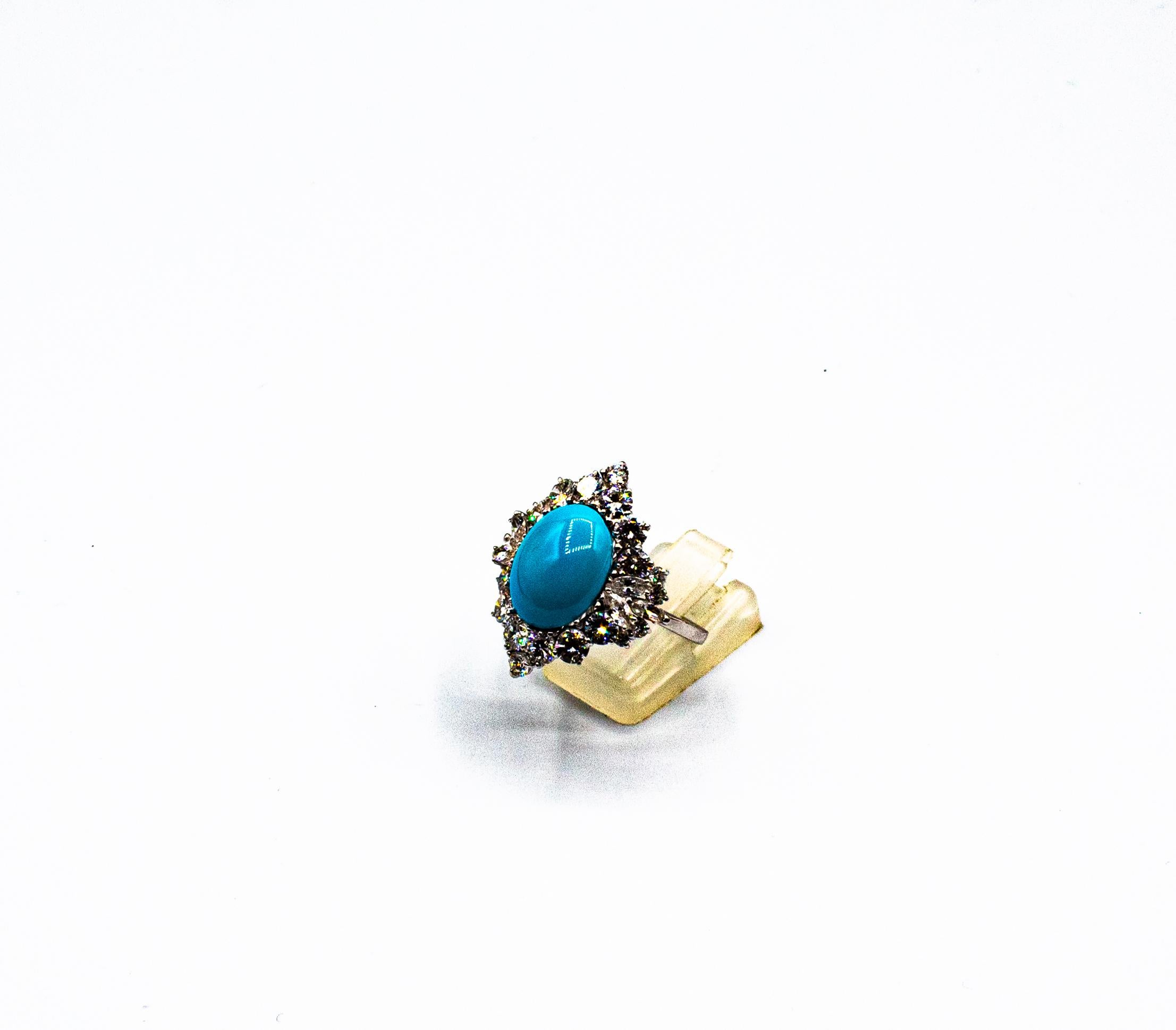 Art Deco Style White Diamond Natural Turquoise White Gold Cocktail Ring For Sale 1
