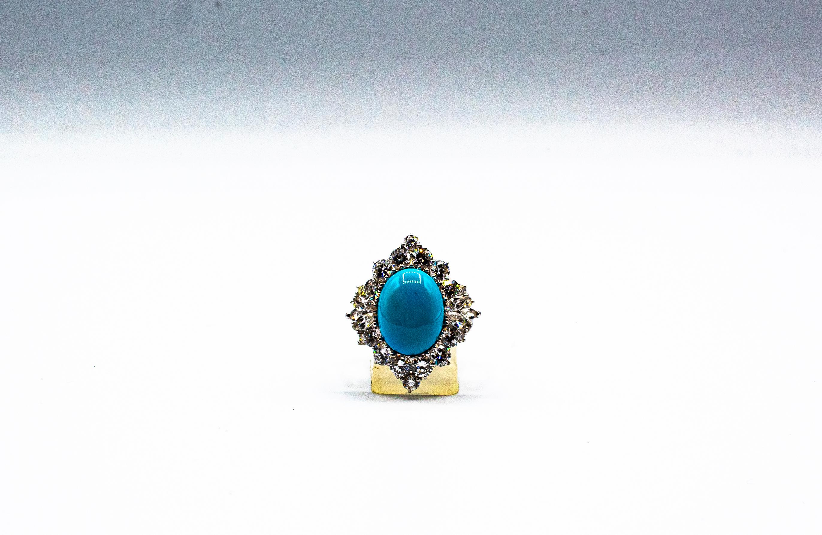 Art Deco Style White Diamond Natural Turquoise White Gold Cocktail Ring For Sale 2