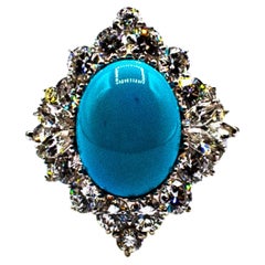 Art Deco Style White Diamond Natural Turquoise White Gold Cocktail Ring