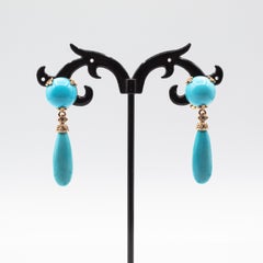 Art Deco Style White Diamond Natural Turquoise Yellow Gold Drop Earrings