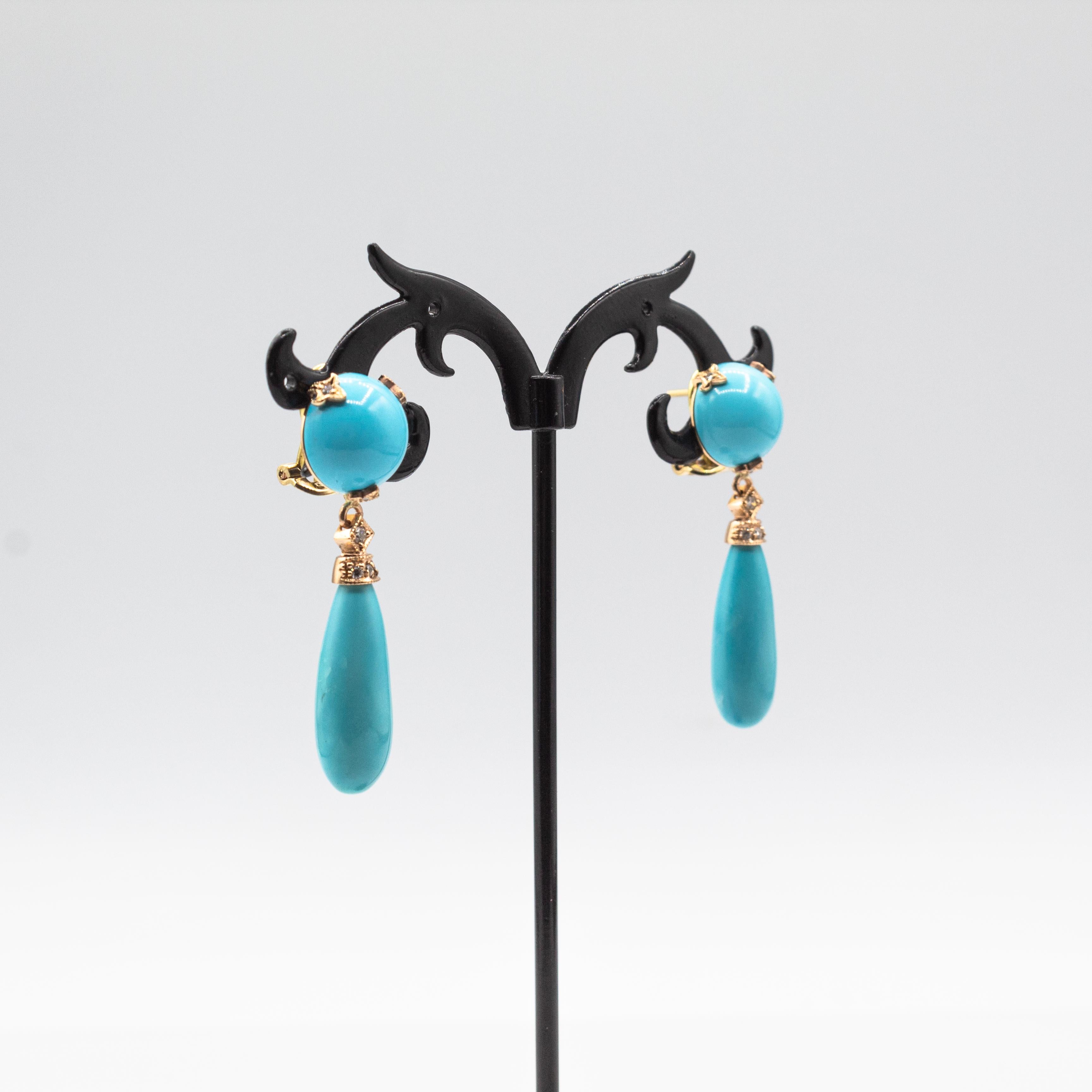 Taille brillant Boucles d'oreilles pendantes de style Art déco en or jaune avec diamant blanc et turquoise naturelle en vente