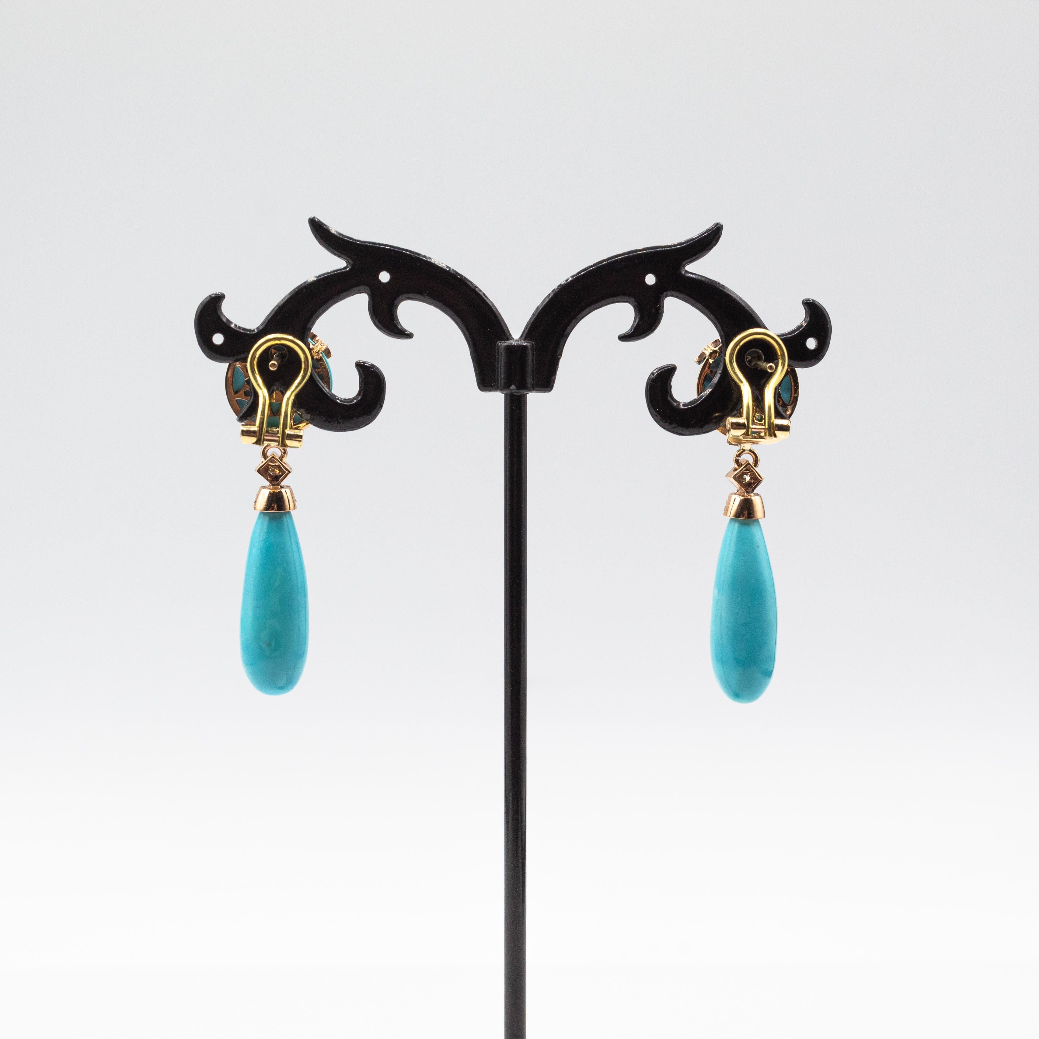 Orecchini a goccia in oro giallo con diamante bianco e turchese naturale in stile Art Déco In condizioni Nuovo in vendita a Naples, IT