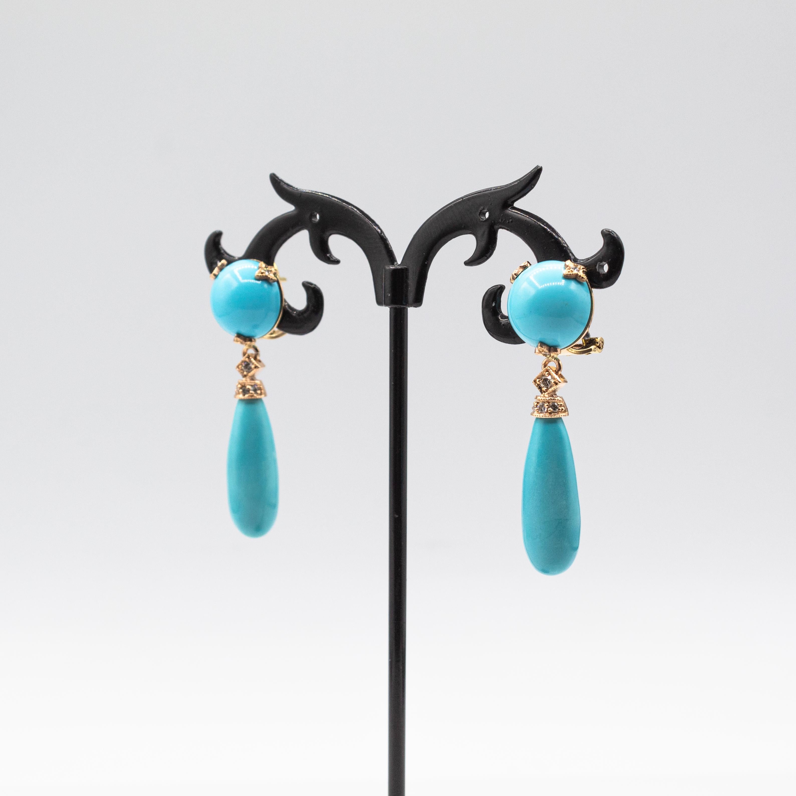 Boucles d'oreilles pendantes de style Art déco en or jaune avec diamant blanc et turquoise naturelle Unisexe en vente