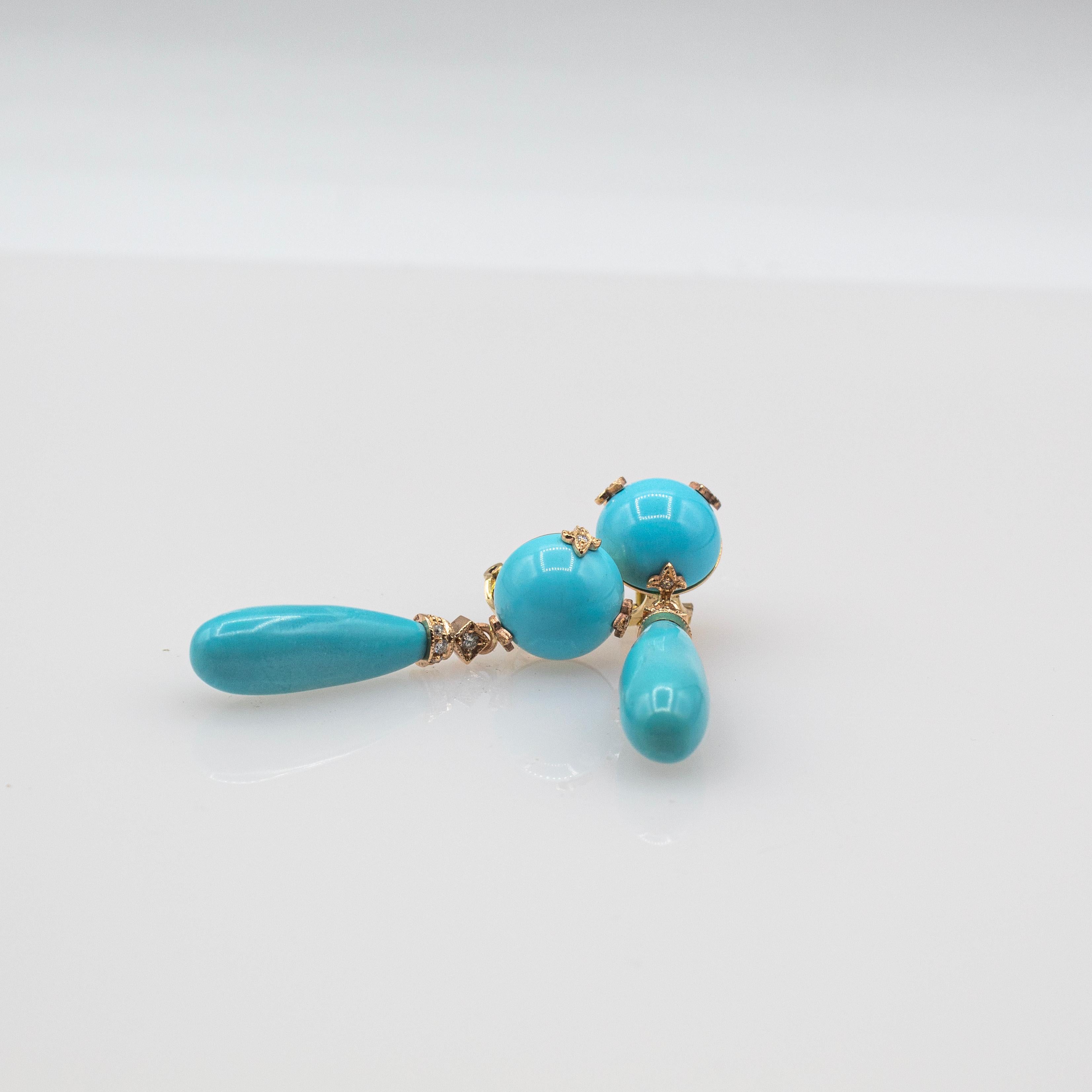 Boucles d'oreilles pendantes de style Art déco en or jaune avec diamant blanc et turquoise naturelle en vente 1