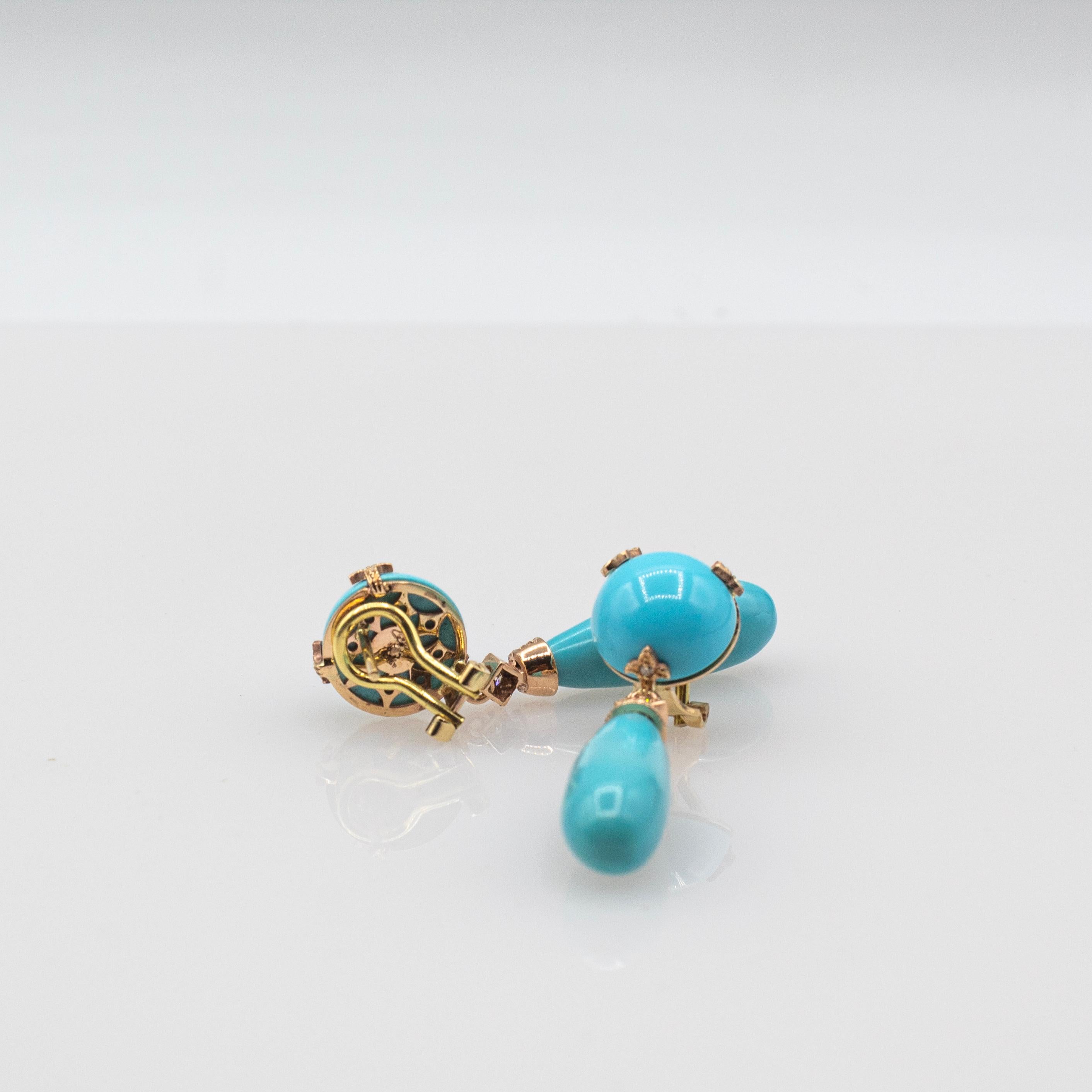 Boucles d'oreilles pendantes de style Art déco en or jaune avec diamant blanc et turquoise naturelle en vente 2