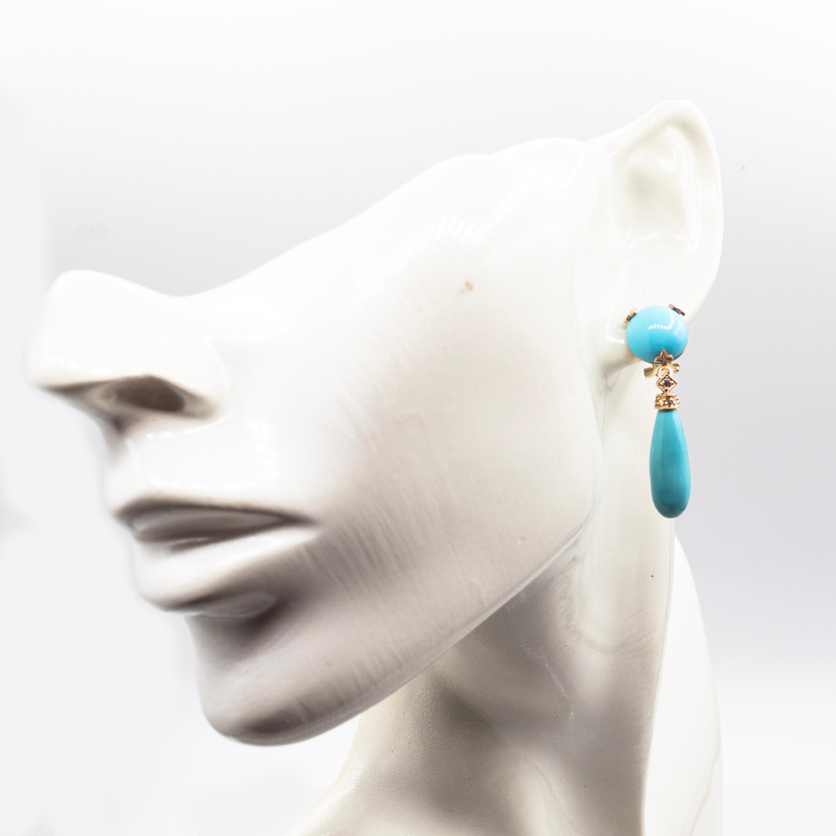 Boucles d'oreilles pendantes de style Art déco en or jaune avec diamant blanc et turquoise naturelle en vente 3